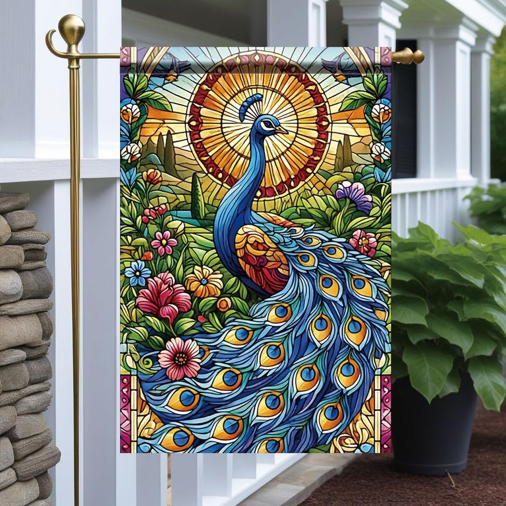 Peacock Garden Flag 12x18 Inch Double Sided Outdoor Yard Banner Colorful Stained Glass Peacock Design Floral Pattern Decorative Flag for Spring Summer Garden Home Decor