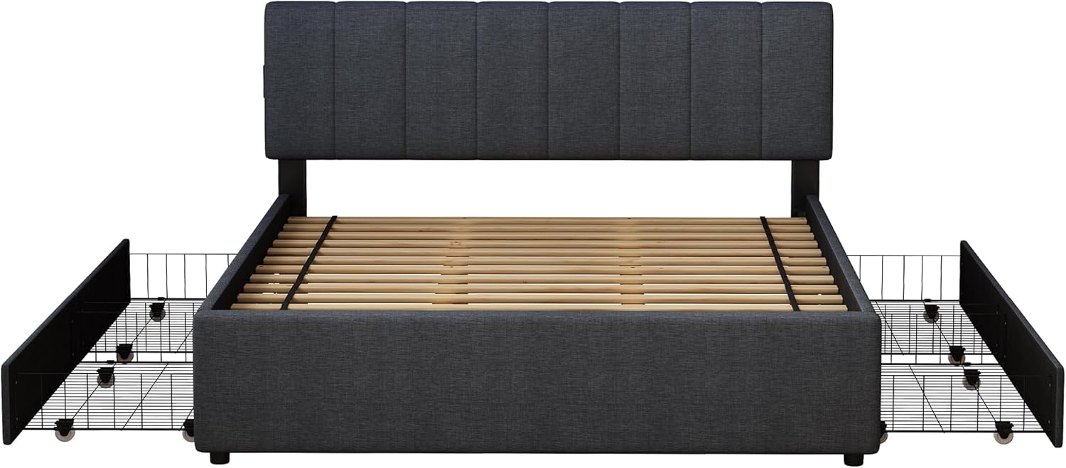 King Size Upholstered Platform Bed with 4 Storage Drawers & USB/Type-C Charging,Linen Fabric Bed Frame with APP-Controlled LED Lights,No Box Spring Needed for Bedroom,Dark Gray