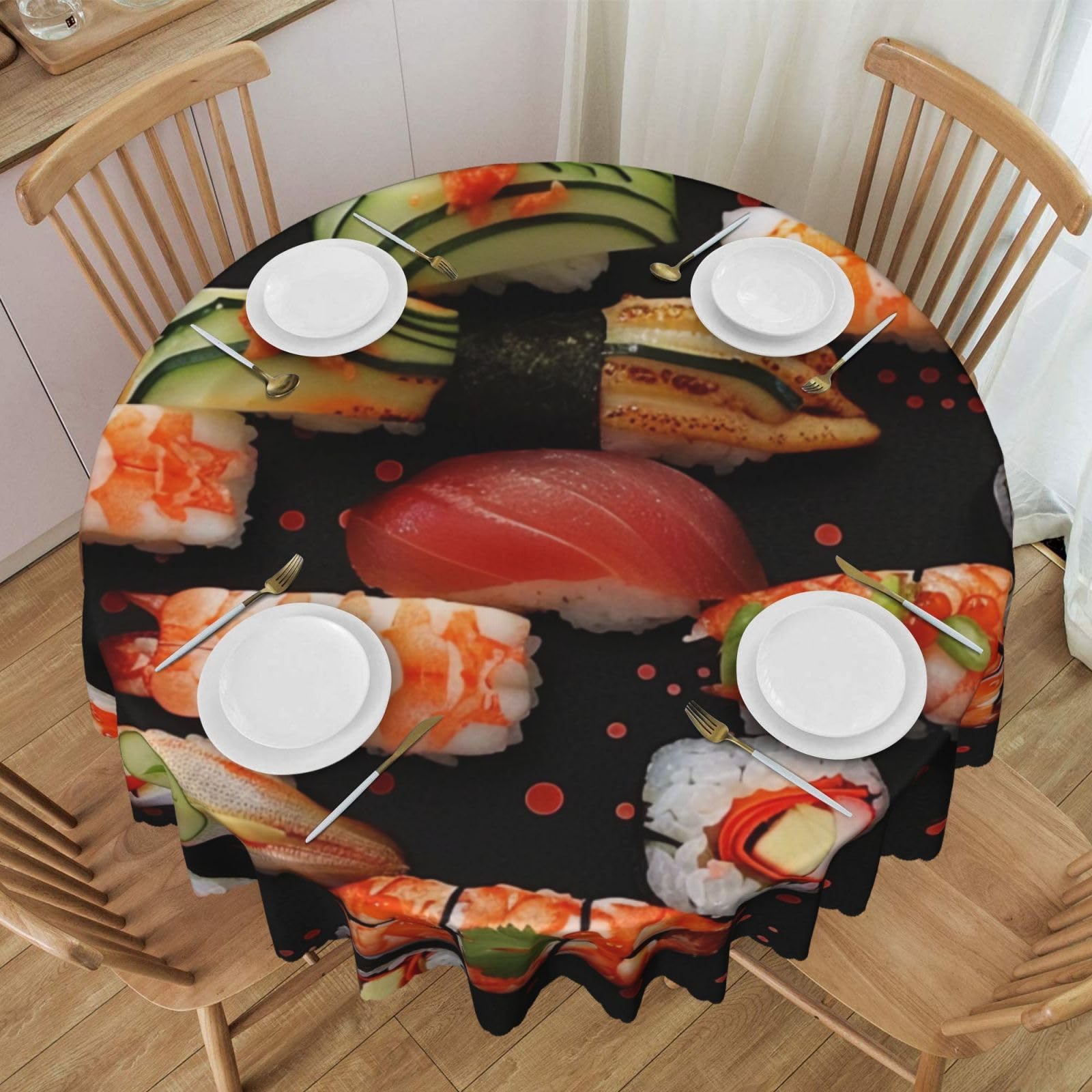 Nappe ronde crevettes japonaises 152 cm en polyester lavable pour table de cuisine