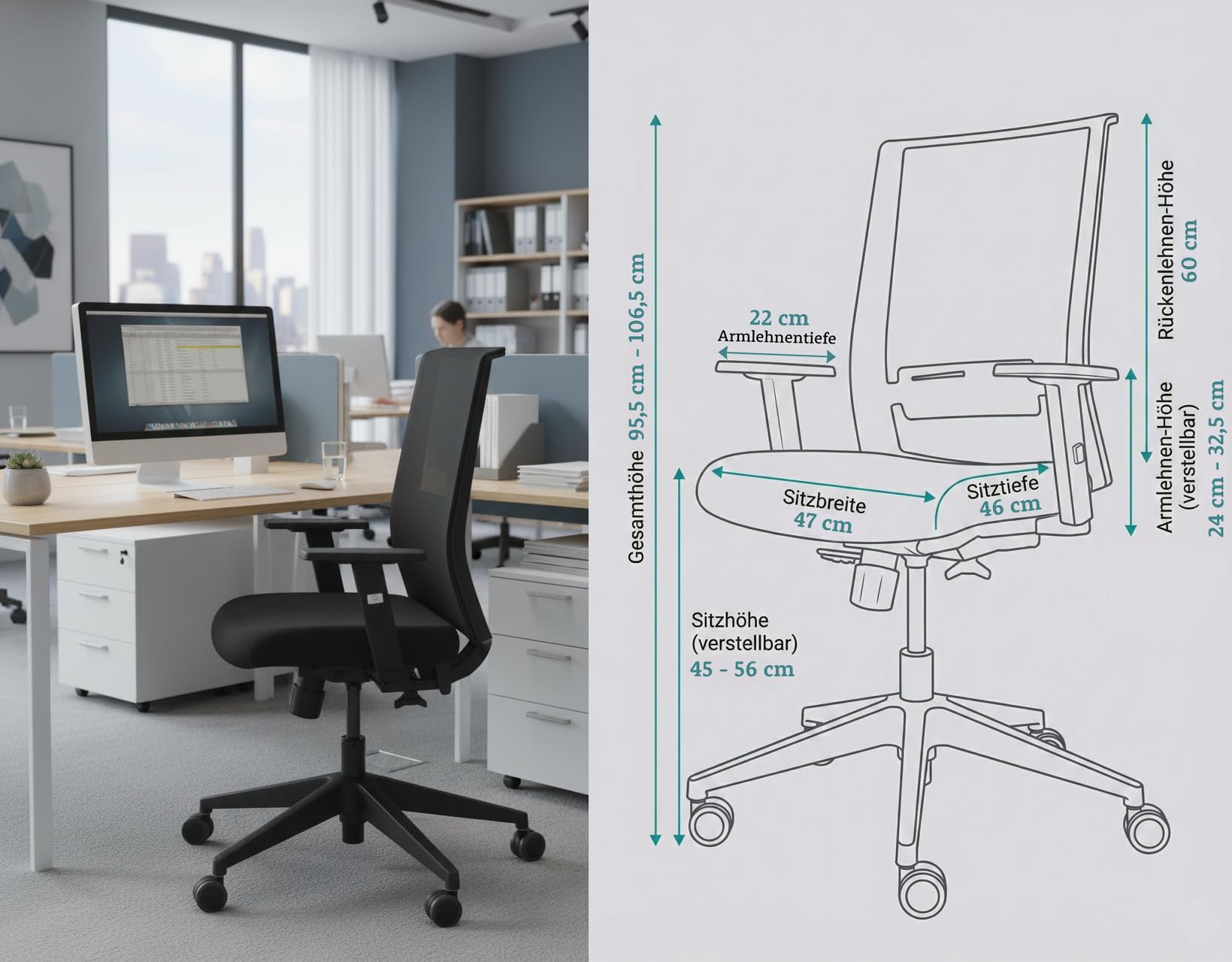 Start, Bürostuhl, für Home-Office & Unternehmen, mit vielen ergonomischen Funktionen, ergonomisch & kompakt, sehr einfache Bedienung, ohne Armlehnen, mit bis zu 125kg belastbar