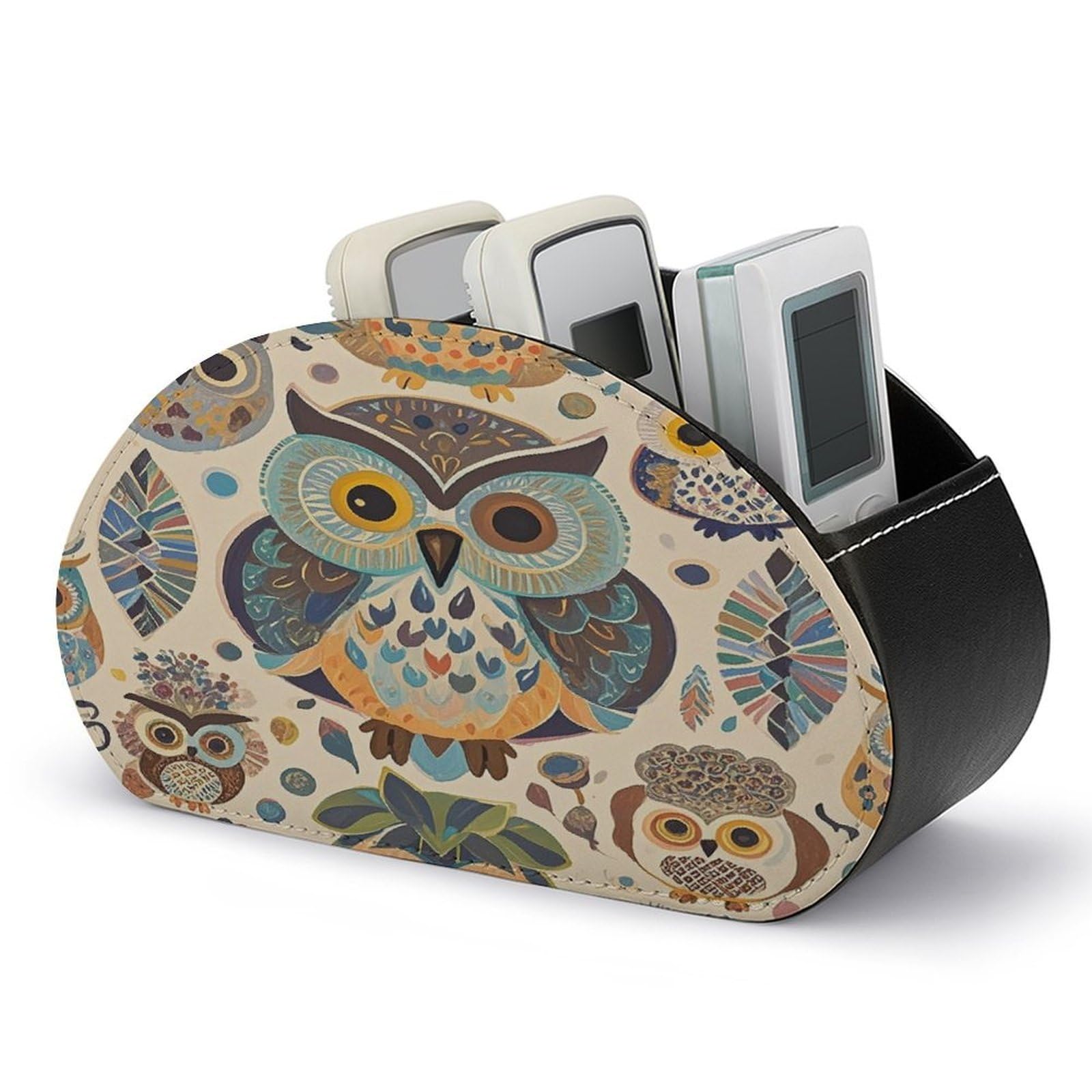 FekiLoot Color Owl Pattern TV Remote Control Holder with 5 Compartments Multi-functional Leather Bedside Table Remote Caddy Desktop Storage Box for Store Pen Controller Media Player Cosmetic
