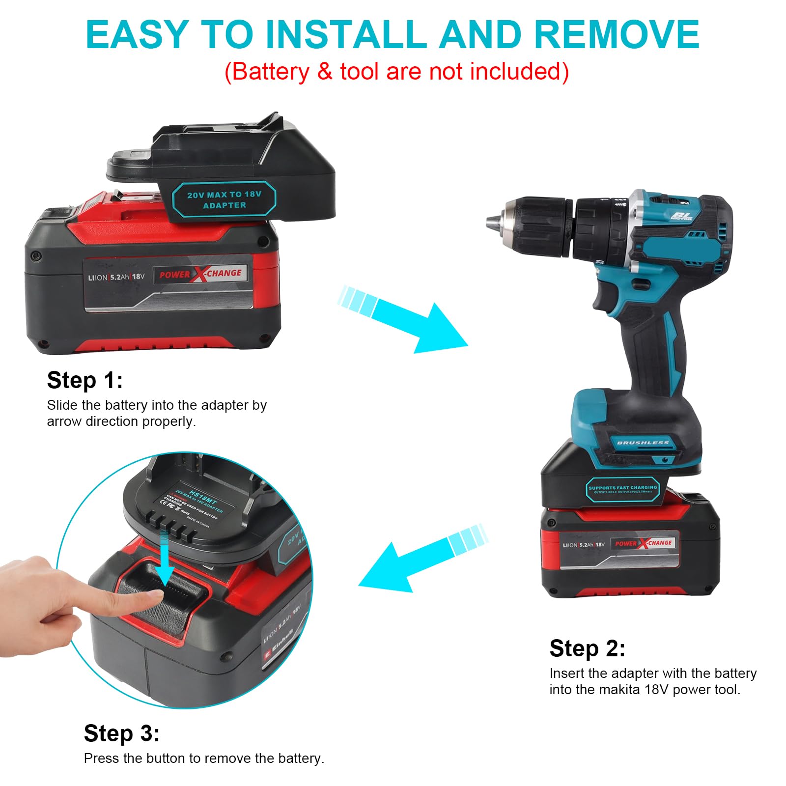 QUPERR USB Adapter baterii kompatybilny z Einhell 18V do Makita 18V | z portami USB-A i USB-C do ładowania.