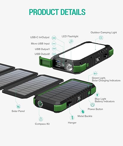 Miniatura 7 de BLAVOR Cargador solar Power Bank, PD 18W QC3.0, carga rápida, 20000 mAh, batería solar con 4 paneles plegables, entrada y salida tipo C, linterna