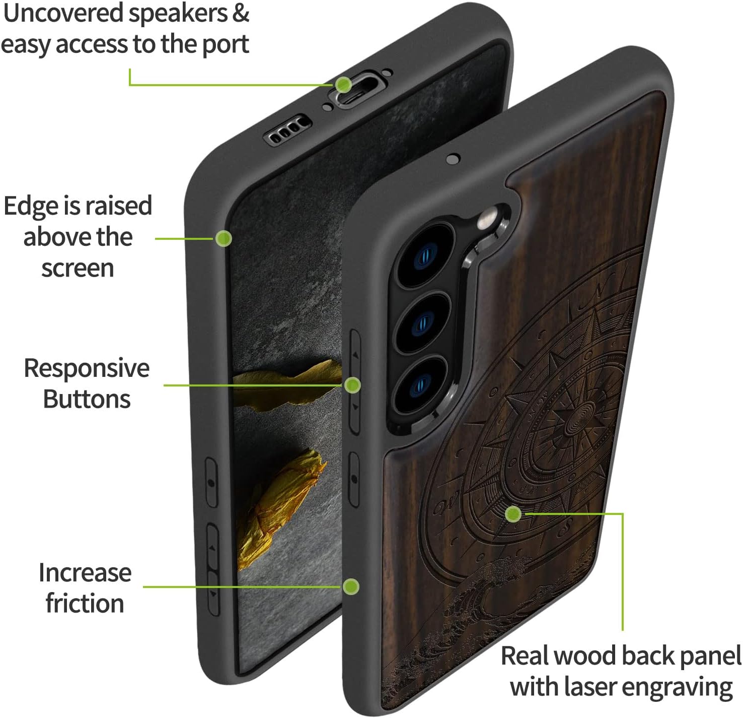 Carveit Wood Case for Galaxy S23 Plus Case [Natural Wood & Black Soft TPU] Shockproof Protective Cover Unique & Classy Wooden Design Compatible with S23 Plus (Compass & Waves-Blackwood)