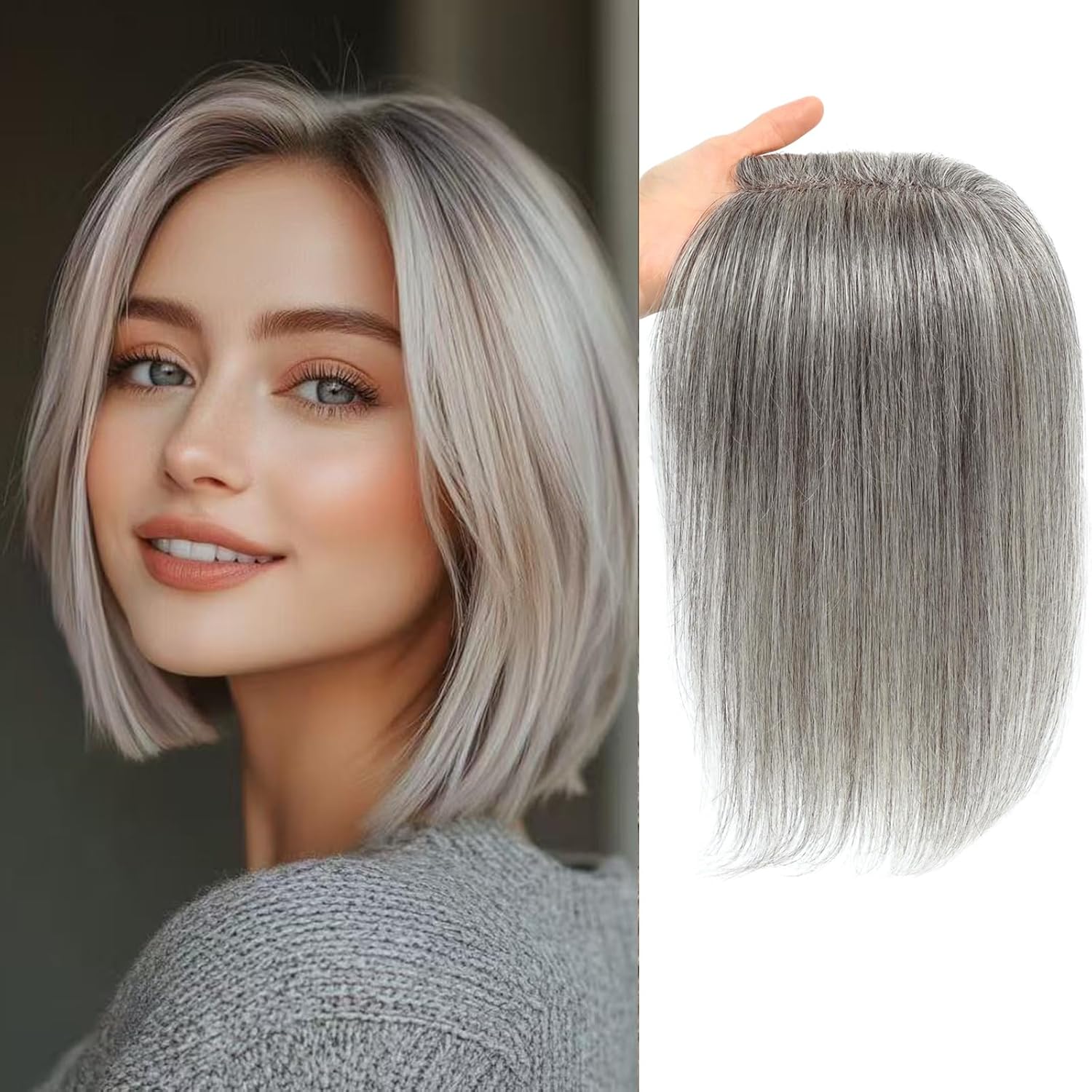 Hair Toppers for Women Real Human Hair Swiss Lace Base Hand-Tied Invisible Hairpiece for Thinning Gray Coverage, Breathable Lightweight Topper with Easy Clip（Mixed Light Grey）
