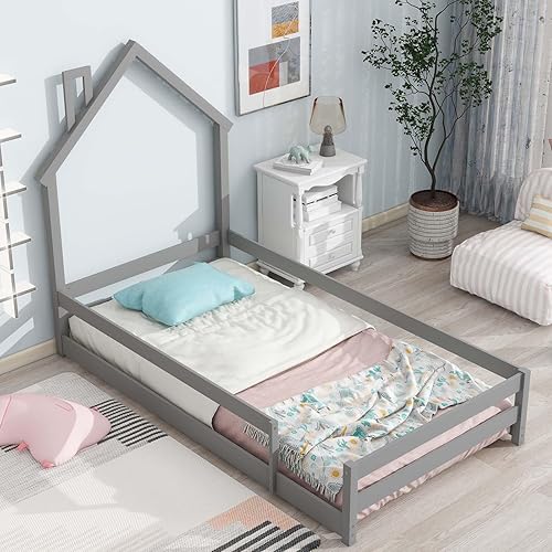 Miniatura 4 de Cama Montessori de madera tamaño individual con cabecera y cercas en forma de casa, cama de plataforma completa para niños, niñas, niños, altura
