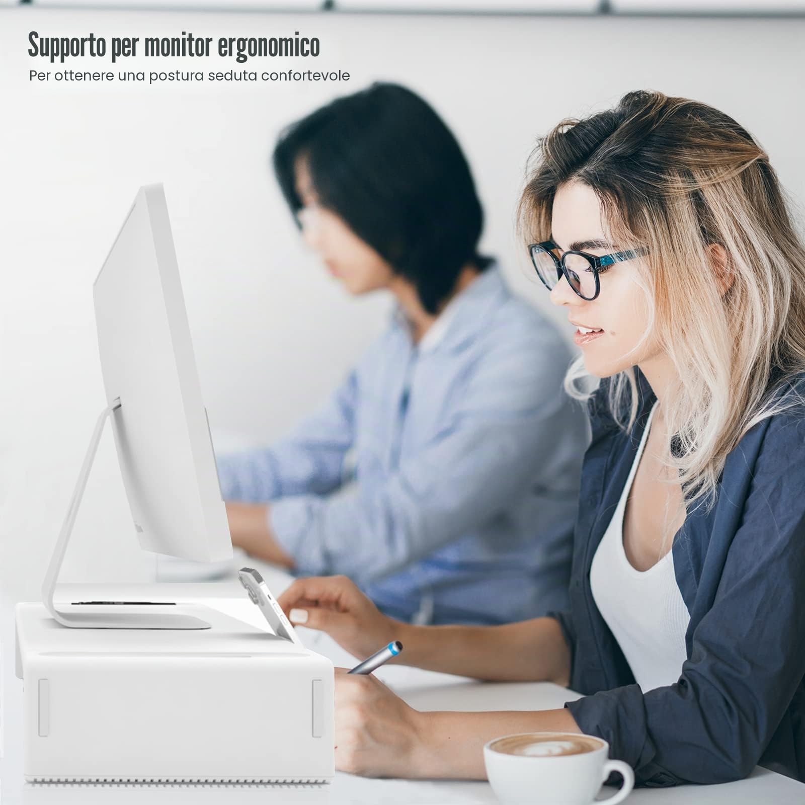 OImaster Supporto per monitor pieghevole, lunghezza regolabile, cassetto portaoggetti e portapenne, compatibile con computer, desktop, laptop, risparmiare spazio (bianco)