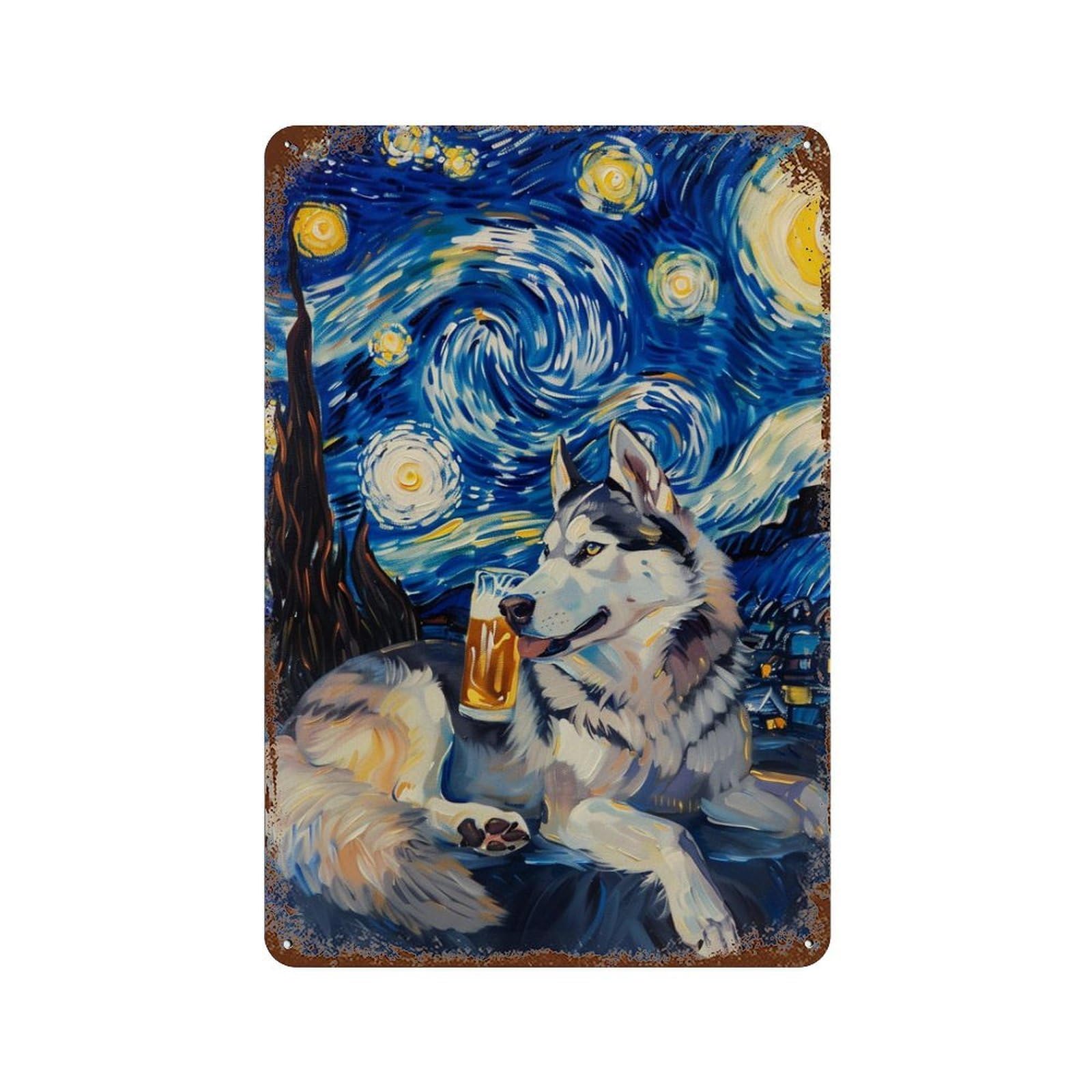 Starry Night Husky with Beer -1 Rust Effect Tin Sign 11.8"x7.9", Industrial Home Decor for Basement, Hobby Room And Garage Decor