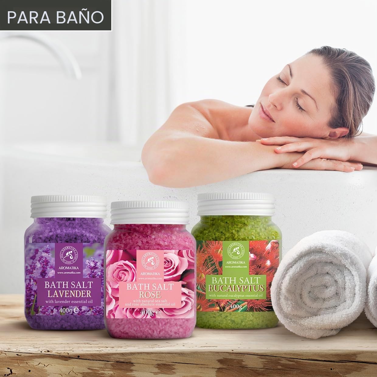 Sales de Baño Set 3x400g con Aceite 100% Natural Lavender - Rosas - Eucalipto - Mejor para Buen Sueño - Alivio del Estrés - Baño - Cuidado Corporal - Bienestar - Belleza - Relajación - Spa