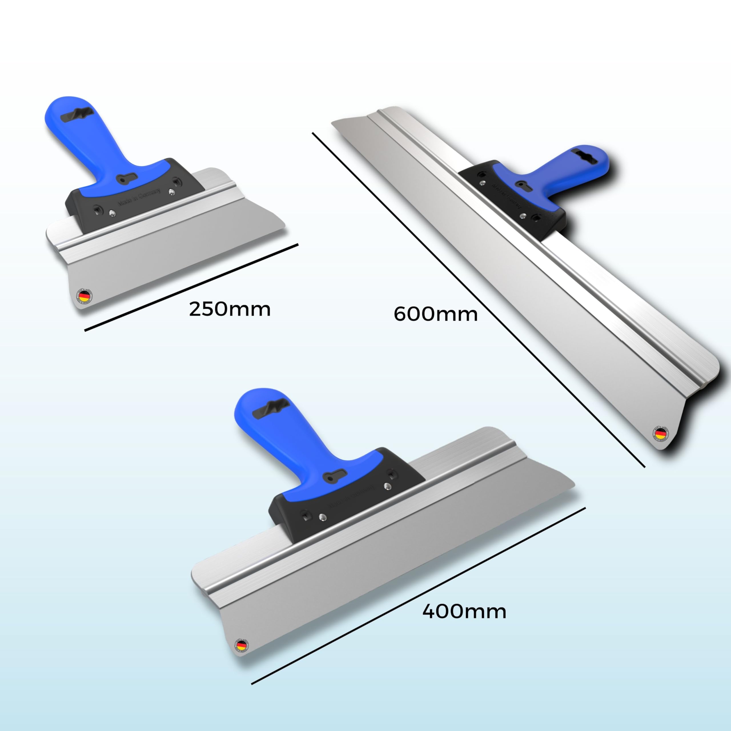 Made in Germany hochwertiges Flächenspachtel Set 25cm,40cm, 60cm zum Spachteln, Verputzen und Tapeten Entfernen, Trockenbauer Werkzeug mit Softgriff und abgerundeten Ecken (25,40,60cm)