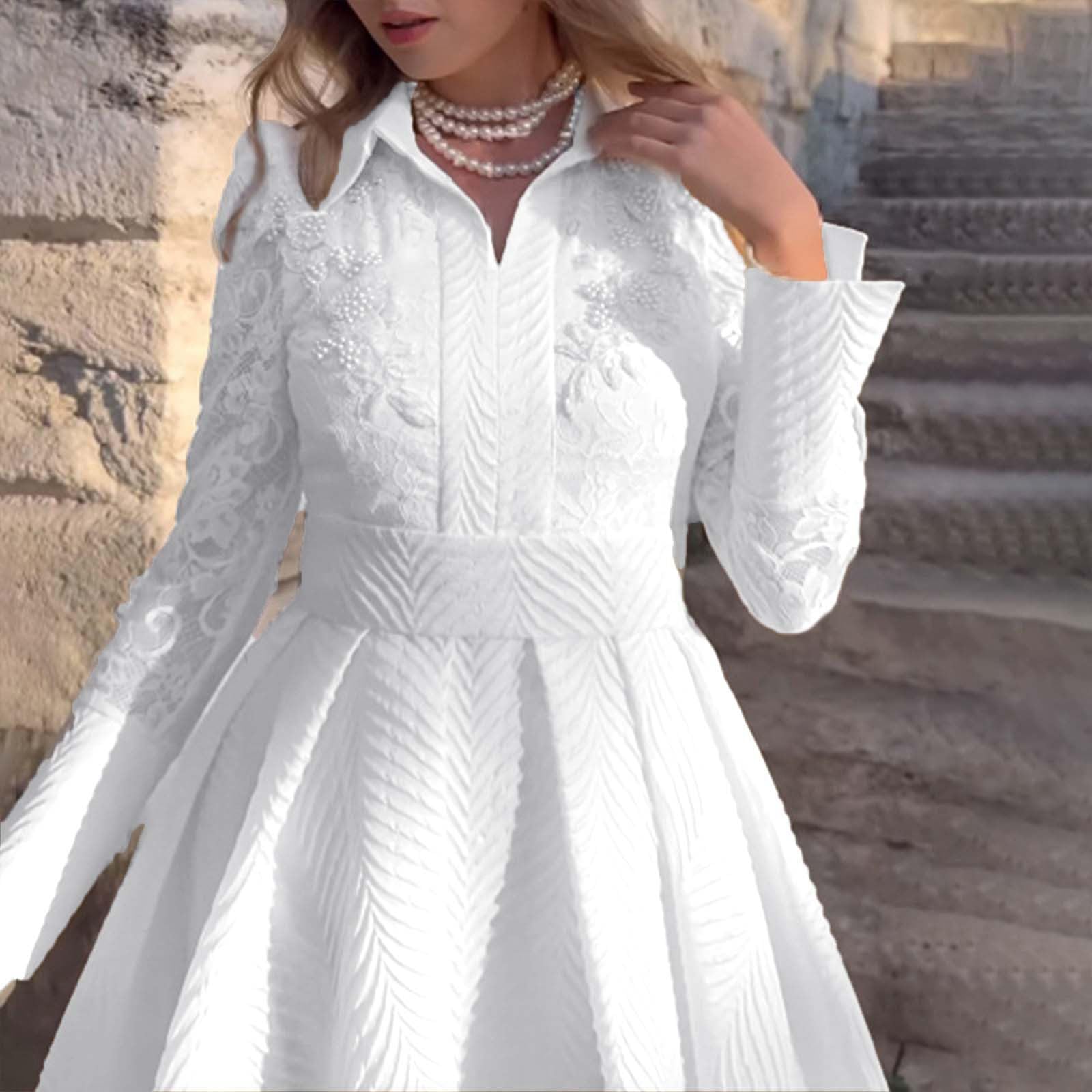 Robe de soirée élégante pour femme - Robe de mariage - Robe de fête longue - Broderie perforée - Robe trapèze plissée - Maxi robe de cocktail - Taille haute - Robe de bal