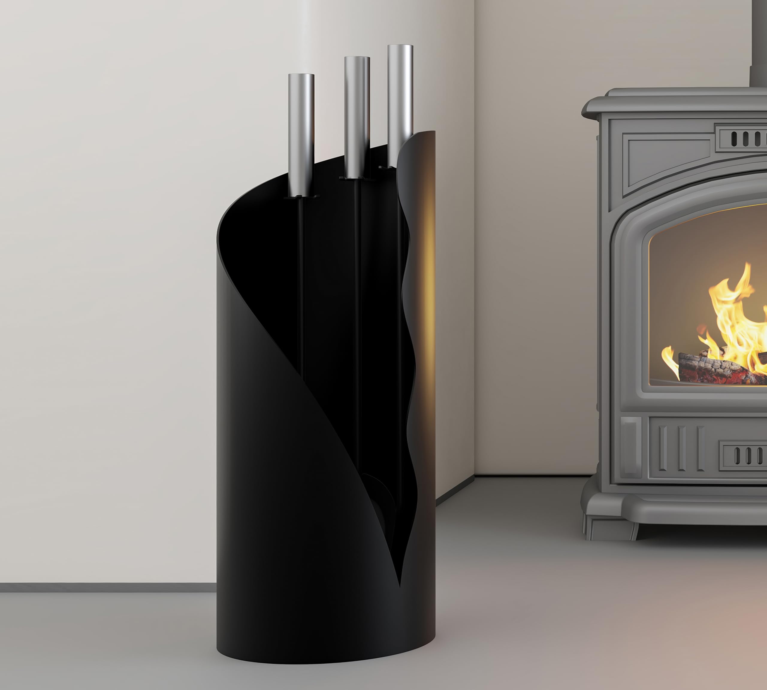 Kingson Juego de utensilios para chimenea de 3 piezas – Juego moderno de herramientas para chimenea con cepillo, pala y atizador – Soporte de pie redondo – 52,5 cm de altura – Mango de acero