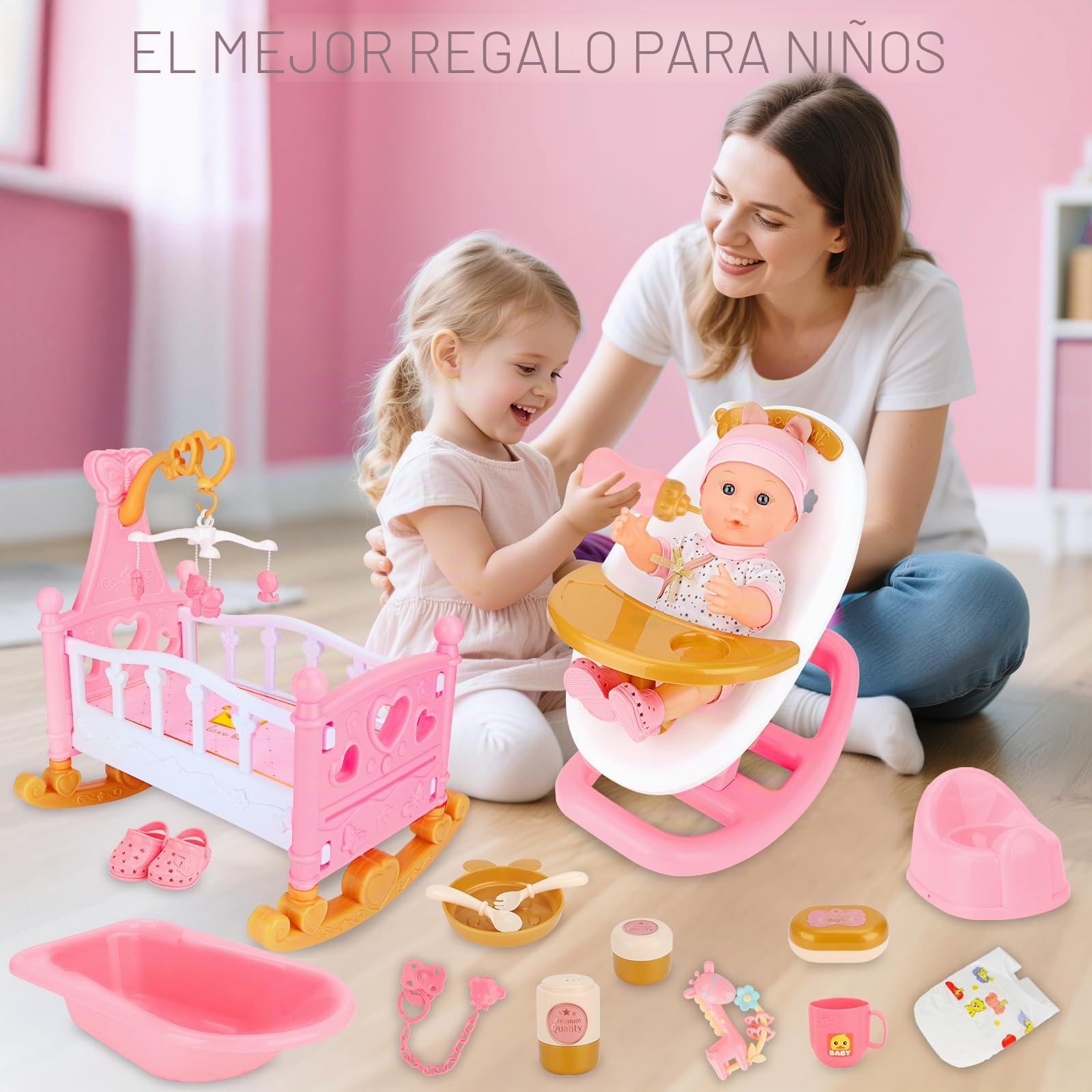 deAO 21Pcs Accesorios para Muñecas, Set de Juegos de rol para Niñas, Rosa
