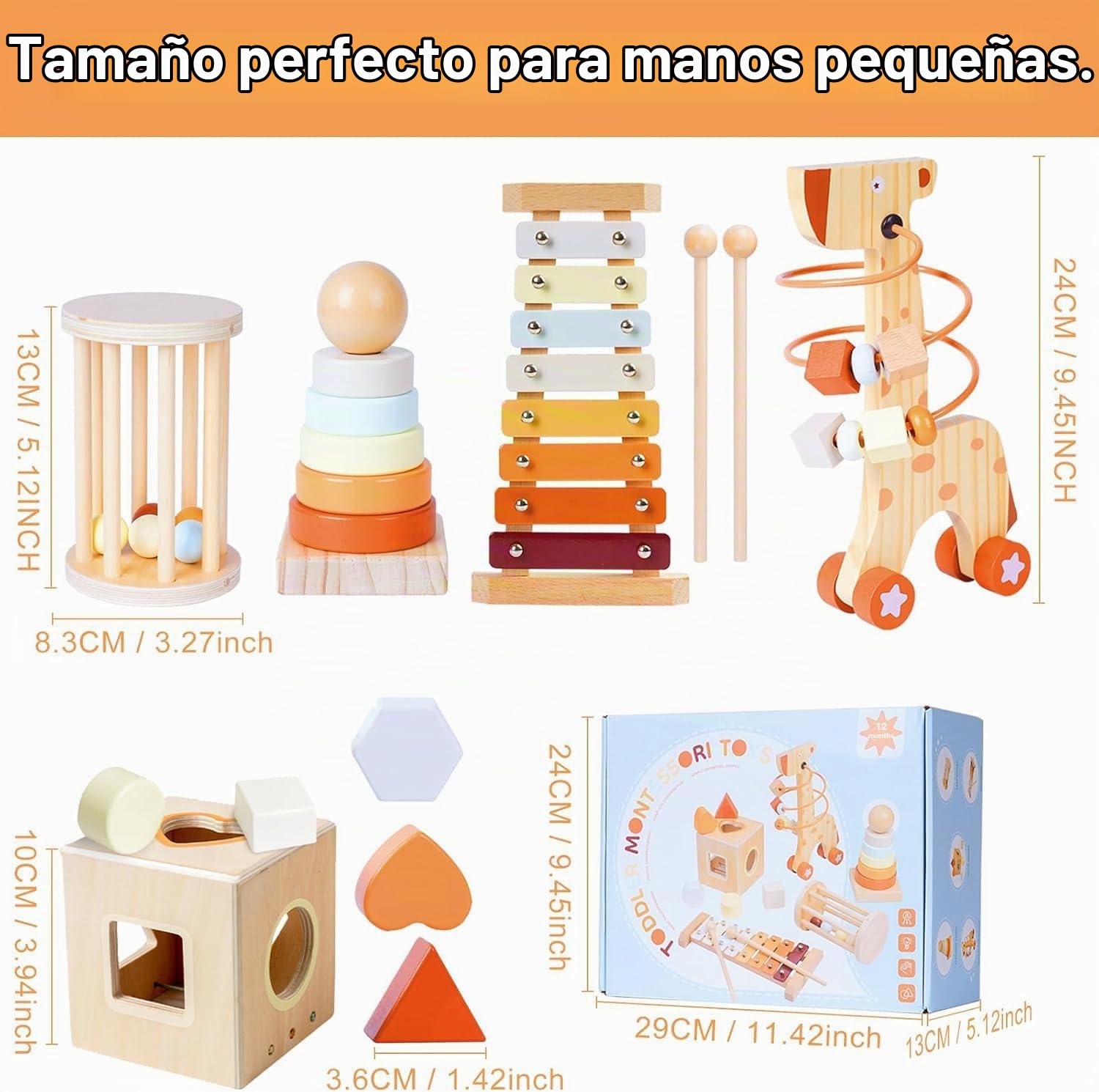 Juguetes Madera 5-en-1 para Bebe, Juguetes Montessori 1 Año con Torre Apilable, Instrumentos Musicales Niños, Motricidad Fina, Juguetes Sensoriales Educativos Montessori, Regalo 1 2 3 Años