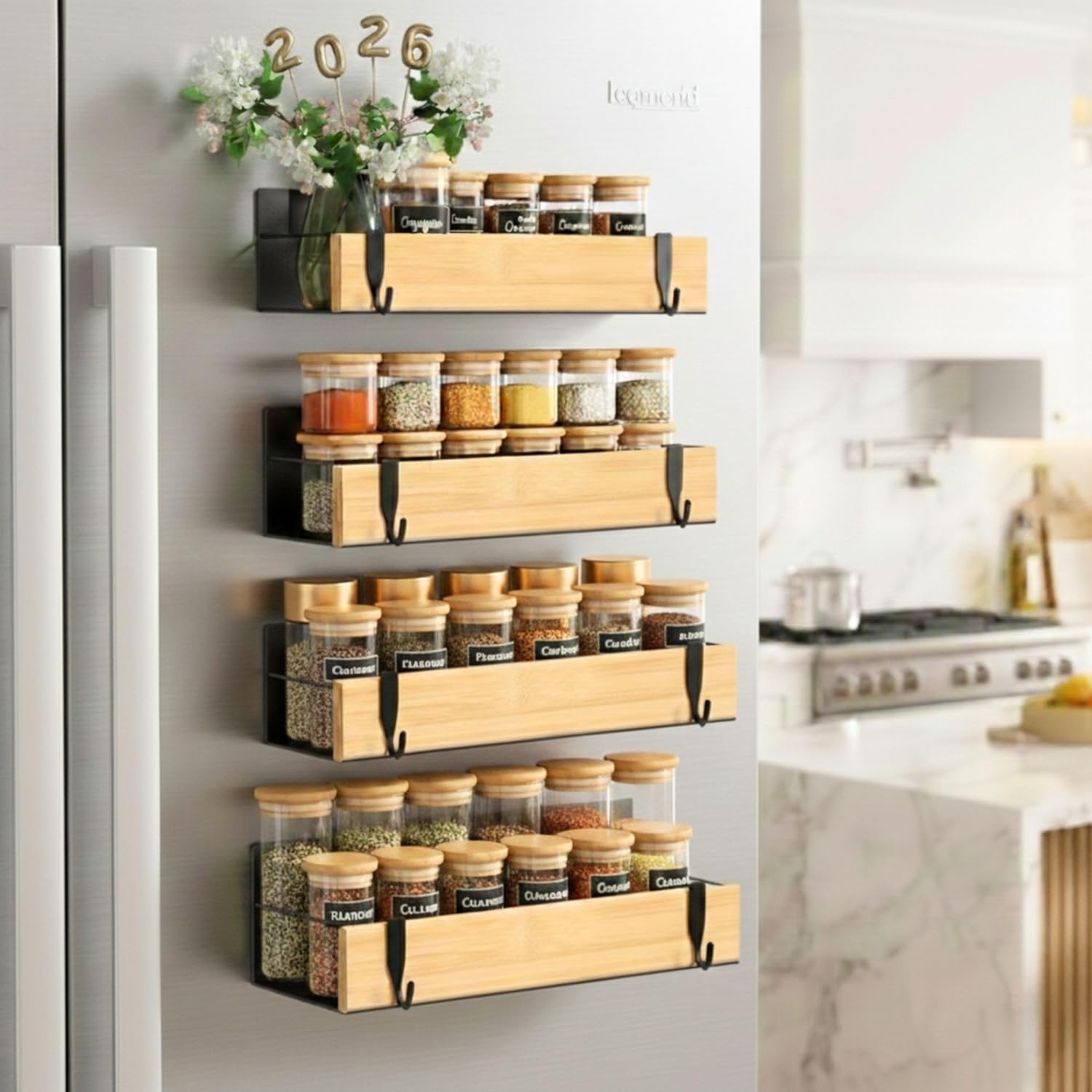 (4 Pack) Magnetic Spice Storage Rack Organizer for Refrigerator and Oven, 4 Strong Magnetic Shelf, Black Fridge Storage, Spice Rack Organizer, Metal-Bamboo