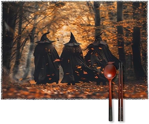 Three Witches in The Forests Witchy Placemats Set of 6 Resistant Table Mats Washable Place Mats for Dinner Party Table Decoration