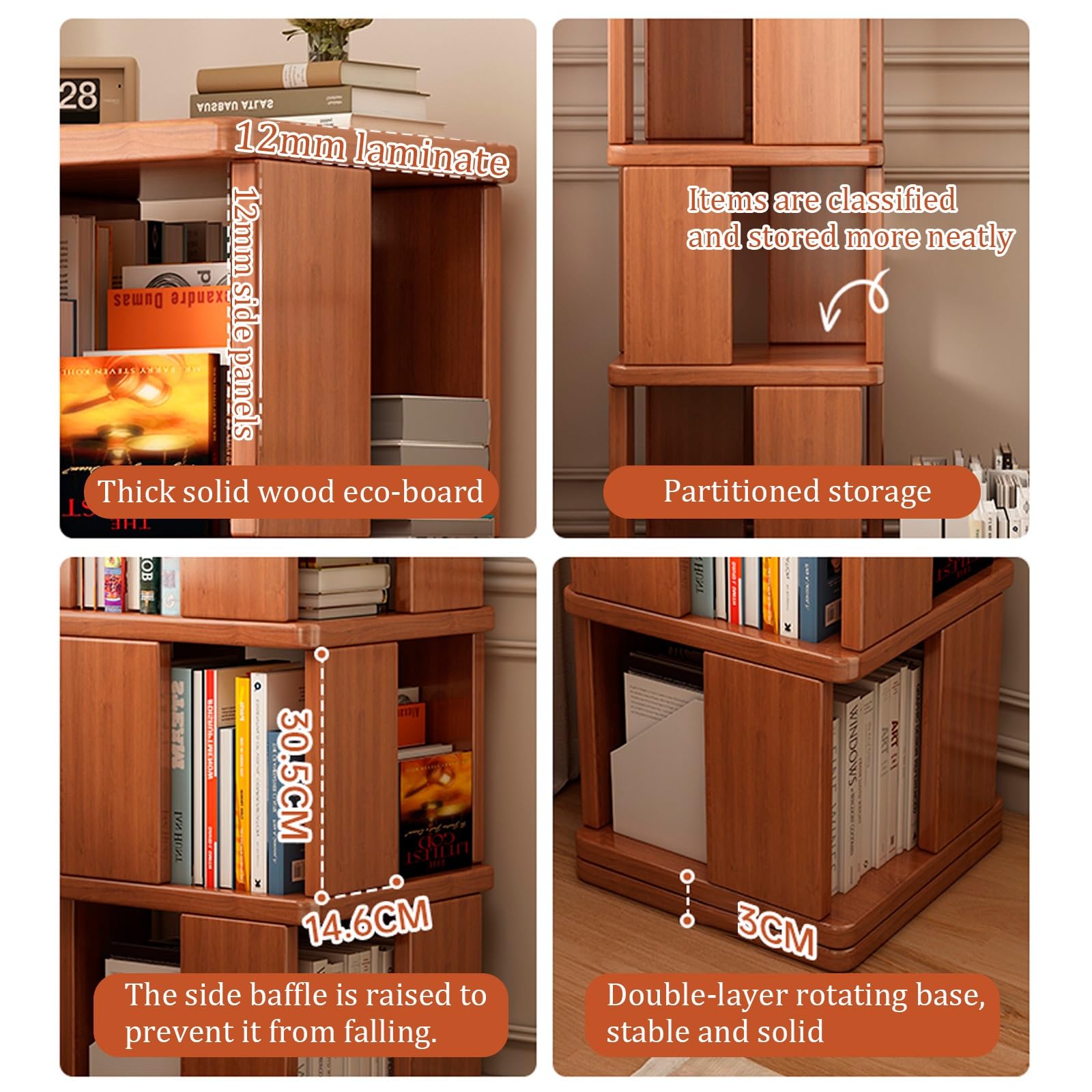 Scaffale per libri rotante in legno, scaffale angolare a più livelli con base robusta per riporre libri, esporre statuette e organizzazione di cancelleria
