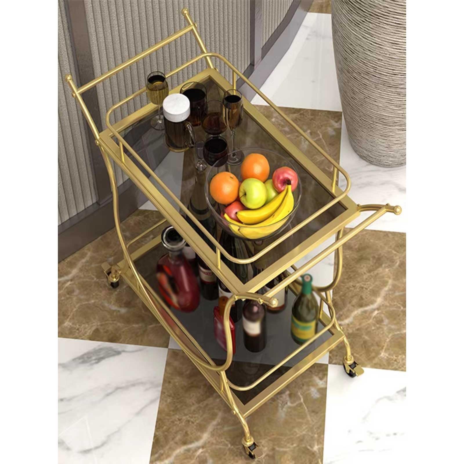 Wózek kuchenny 2-poziomowy wózek do serwowania wina domu, na wino, kółkach z kółkami, uchwyt, metalowe szkło przechowywania stojaków, kuchni, klubu, salonu, baru, restauracji
