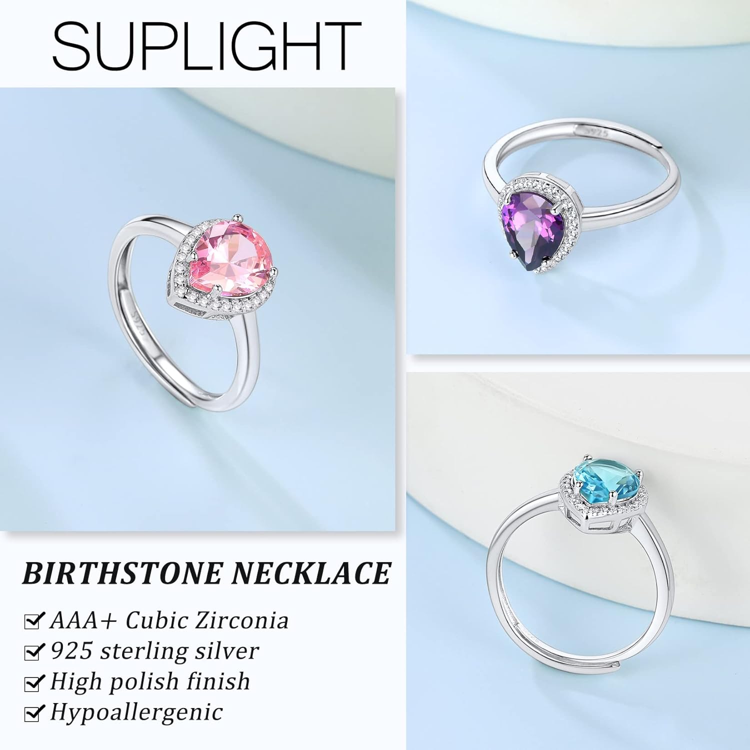 Suplight 925 Sterling Silver Round Shape/Heart/Square/Pear Shape Birthstone Ring, Sparkling Solitaire Engagement Wedding Rings for Women (with Gift Box) - Image 4