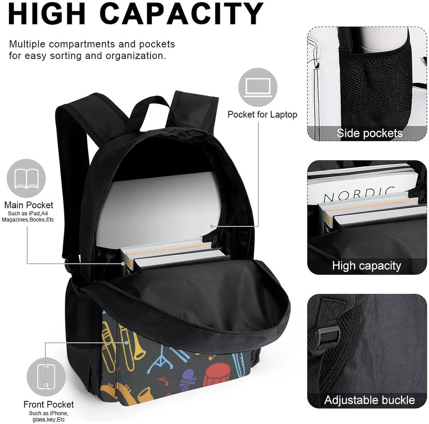 Trumpet Musical Instrument Pattern 3 Piece Backpack Sets With Lunch Bag Pencil Case Combination Hiking Travel Work