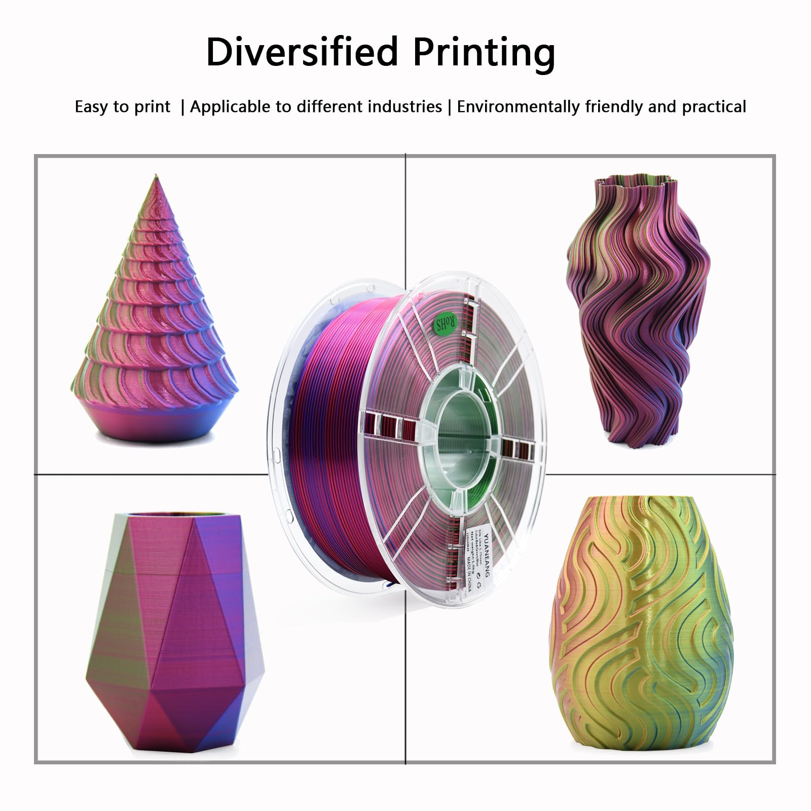 Silk - Filamento PLA tricolor (precisión dimensional +/- 0,03 mm, bobina de 4 kg, 1,75 mm, 4 tricolores de seda diferentes)