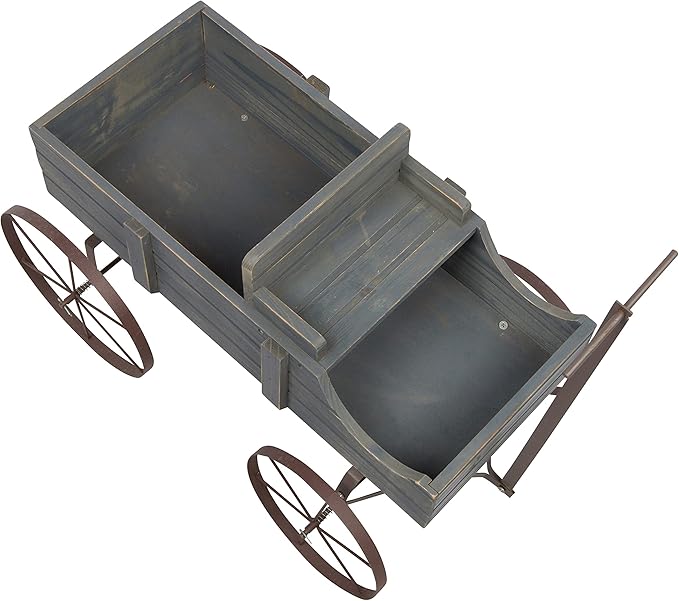 Measuring at 21.75" L x 10" W x 10.75" H, this wooden wagon planter is the perfect size for small plants or herbs. The gray color adds a modern twist to the traditional wagon design, making it a versatile décor piece that can complement a variety of outdoor aesthetics. The wagon also features a sturdy construction and quality craftsmanship, ensuring it will withstand the elements and last for years to come.