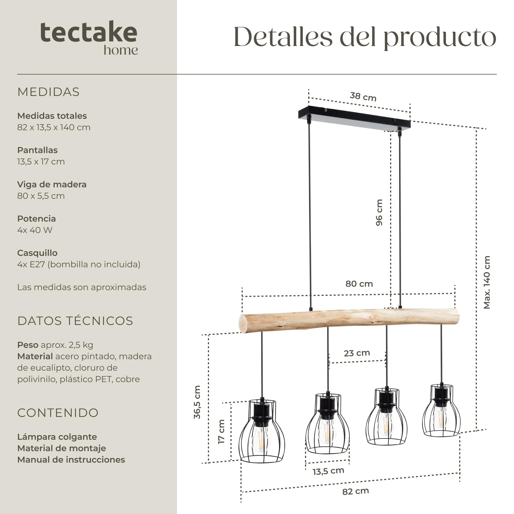 tectake® Lámpara colgante con 4 luces, estilo industrial moderno, con viga de madera rústica y rejilla de acero, suspensión ajustable, lámpara de techo ideal para salón, comedor, dormitorio o pasillo