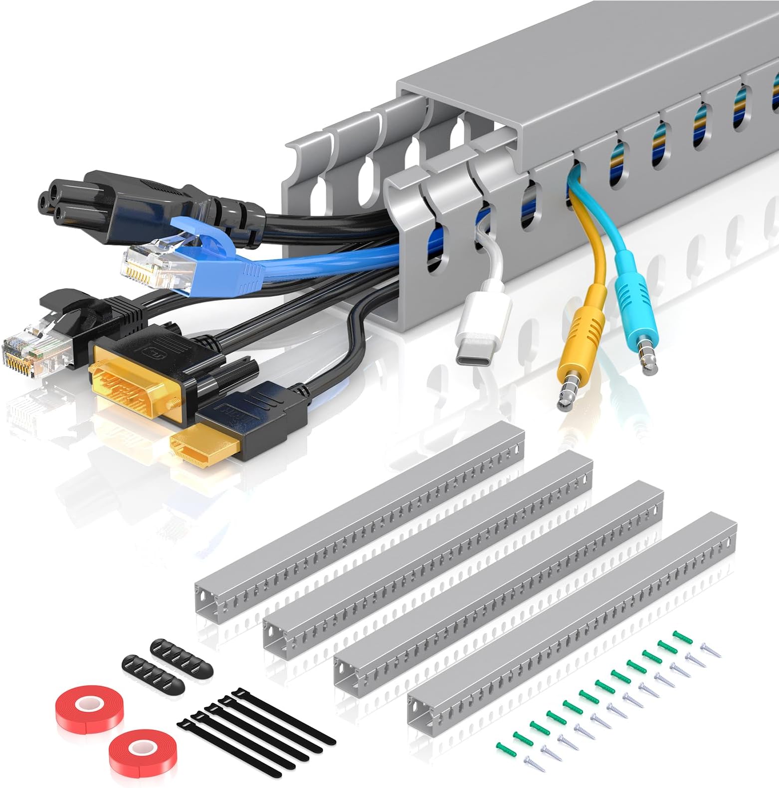 Cable Trunking Raceway Kit, Open Slot Wire Trunking for TV Cables, Cable Concealer Cable Tray 62.8 inch (4 x 15.7) Under Desk Organizer Cable Management Trunking (4Pack)