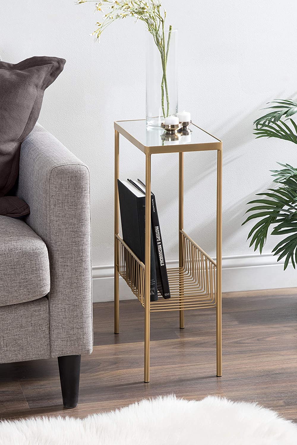 Modern Storage Side Table, 15.75 x 8 x 24.6, Gold, Contemporary End Table with White MDF in Top (Metal)