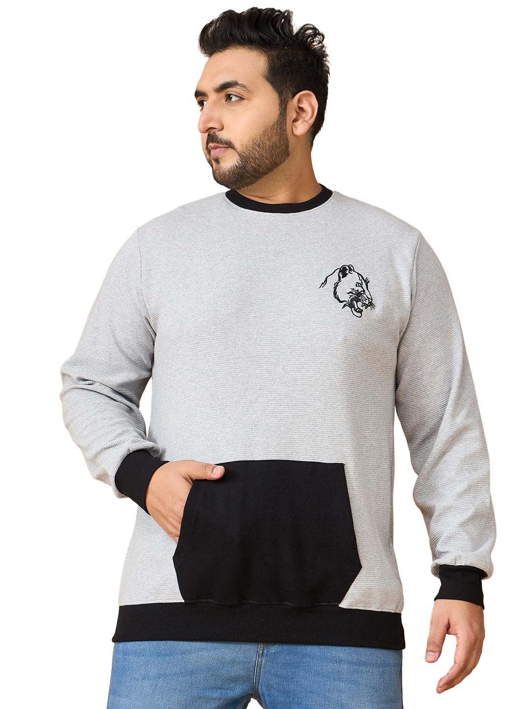 bigbanana Men Plus Size Grey Colorblock Full Sleeves Sweatshirt-picture-16
