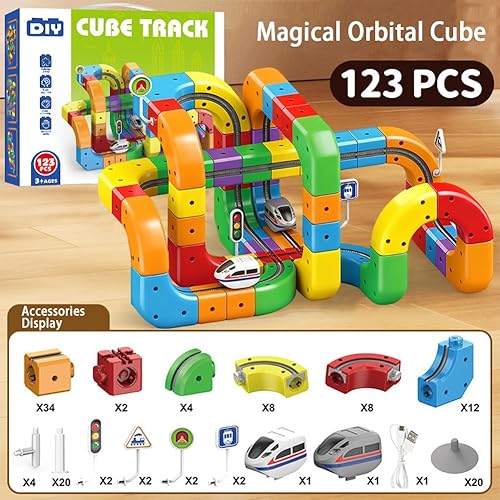 Vista 2 de klick Rail - Juego de tren eléctrico Cubo de tren mágico de juguetes, pista de bricolaje con señales de tren y tráfico, diseños 3D y coche