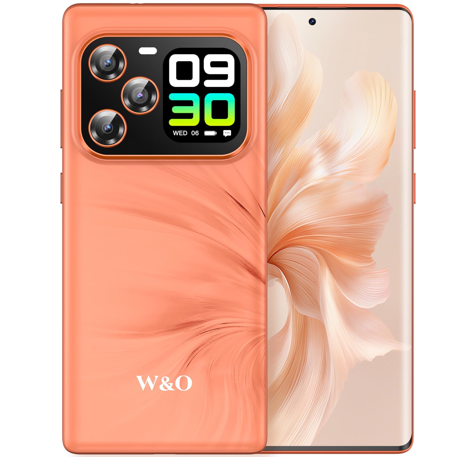W & O 5G Smartphone 12GB+512GB, Dual-Screen Android Handy mit 6,67" OLED Gebogene Bildschirm, 1,75" Zusatzdisplay, 64MP+16MP Kamera, 5000mAh Akku, Dual SIM, Handy ohne Vertrag (Orange)