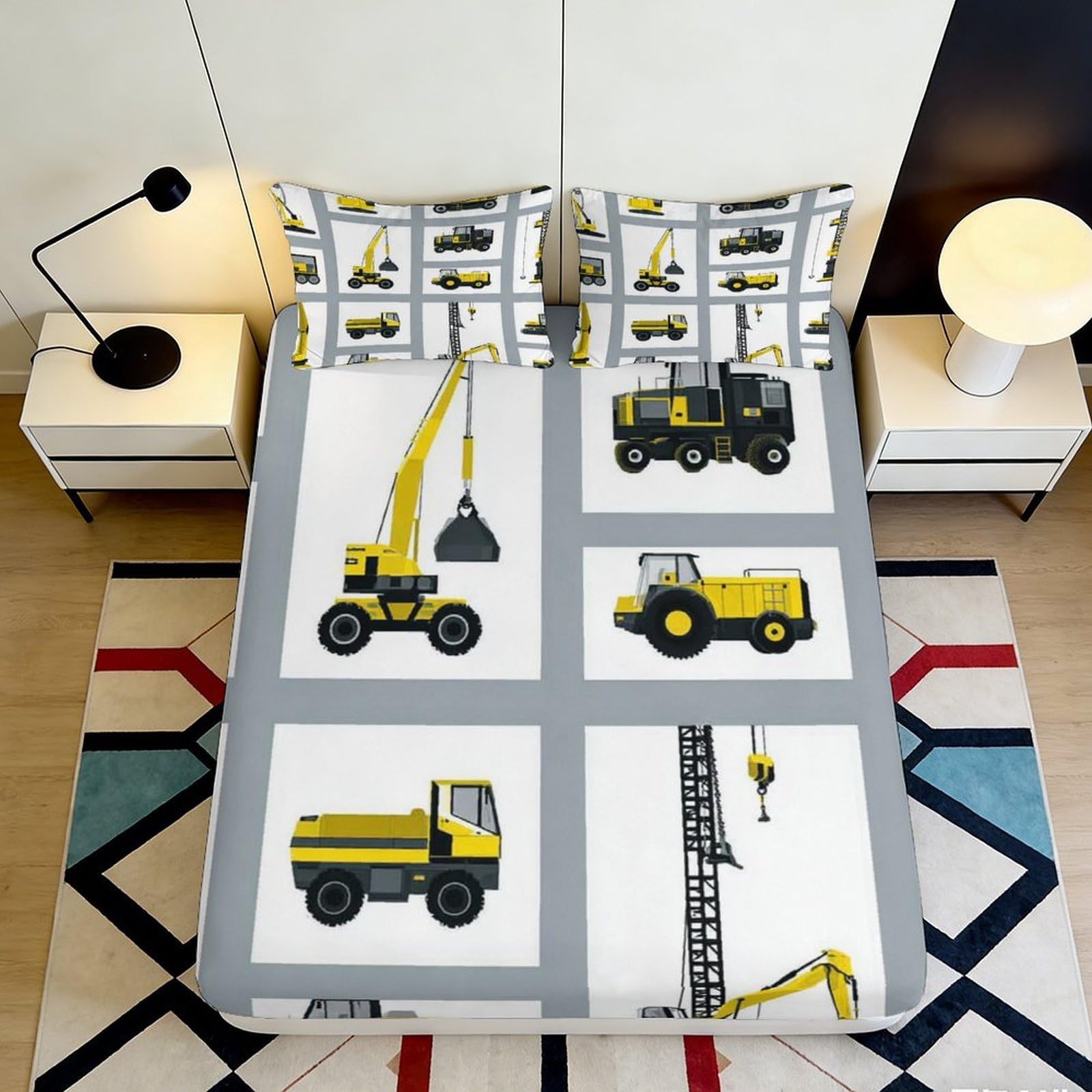 Jqzkxnhpbr Style-4 3D Printed Construction Vehicles Fitted Sheet Microfiber Soft Yellow Truck Bed Cover For Bedroom Dorm Mattress Decor 90X200x25cm
