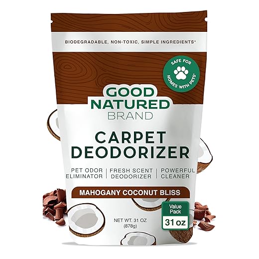 Good Natured Brand | Carpet Deodorizer & Freshener Powder | 31 oz Pet Odor Eliminator for Strong Odor & Pet Urine | Fresh Natural Mahogany Coconut Bliss Scent | Safe for Homes with Pets