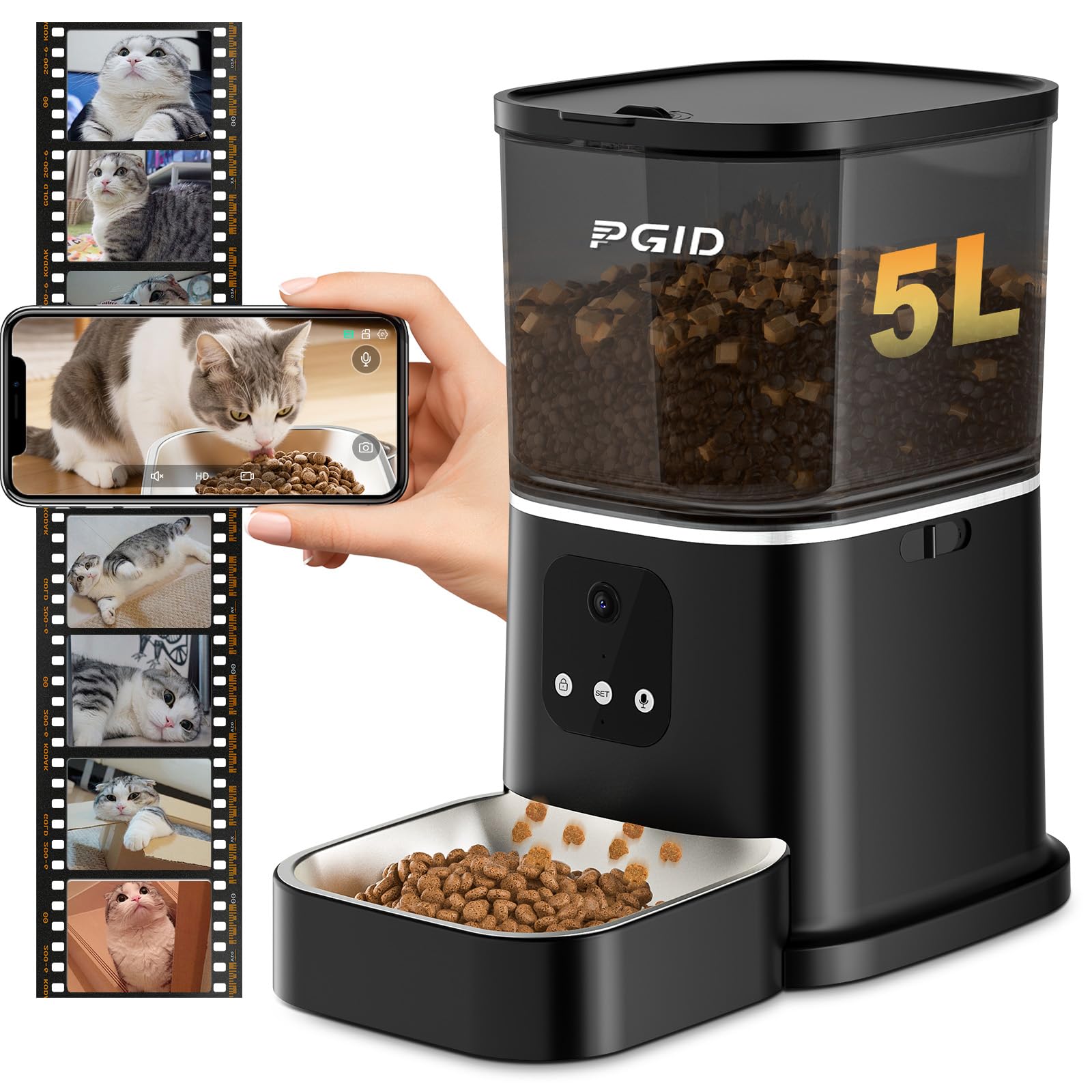 Automatic Cat Feeder with 400W Camera,2.4G Auto Dog Feeder w Night Vision,Pet Feeder w2-Way Audio,Timed Cat Feeders for Dry Food,Dogs Food Dispenser w APP Control 5L