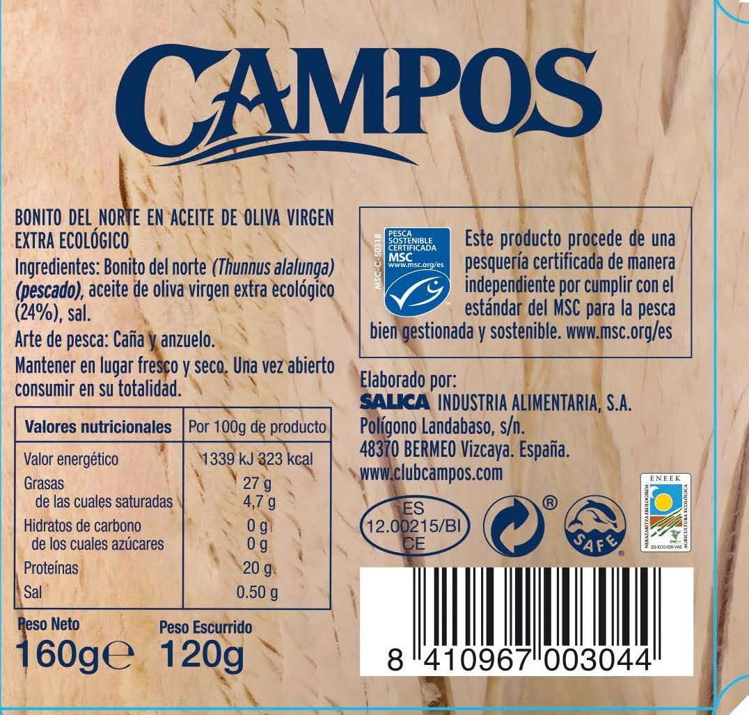 CAMPOS, Conserva de Bonito del Norte de pesca certificada MSC en aceite de oliva virgen extra ecológico - pack de 6 latas de 160 gr.