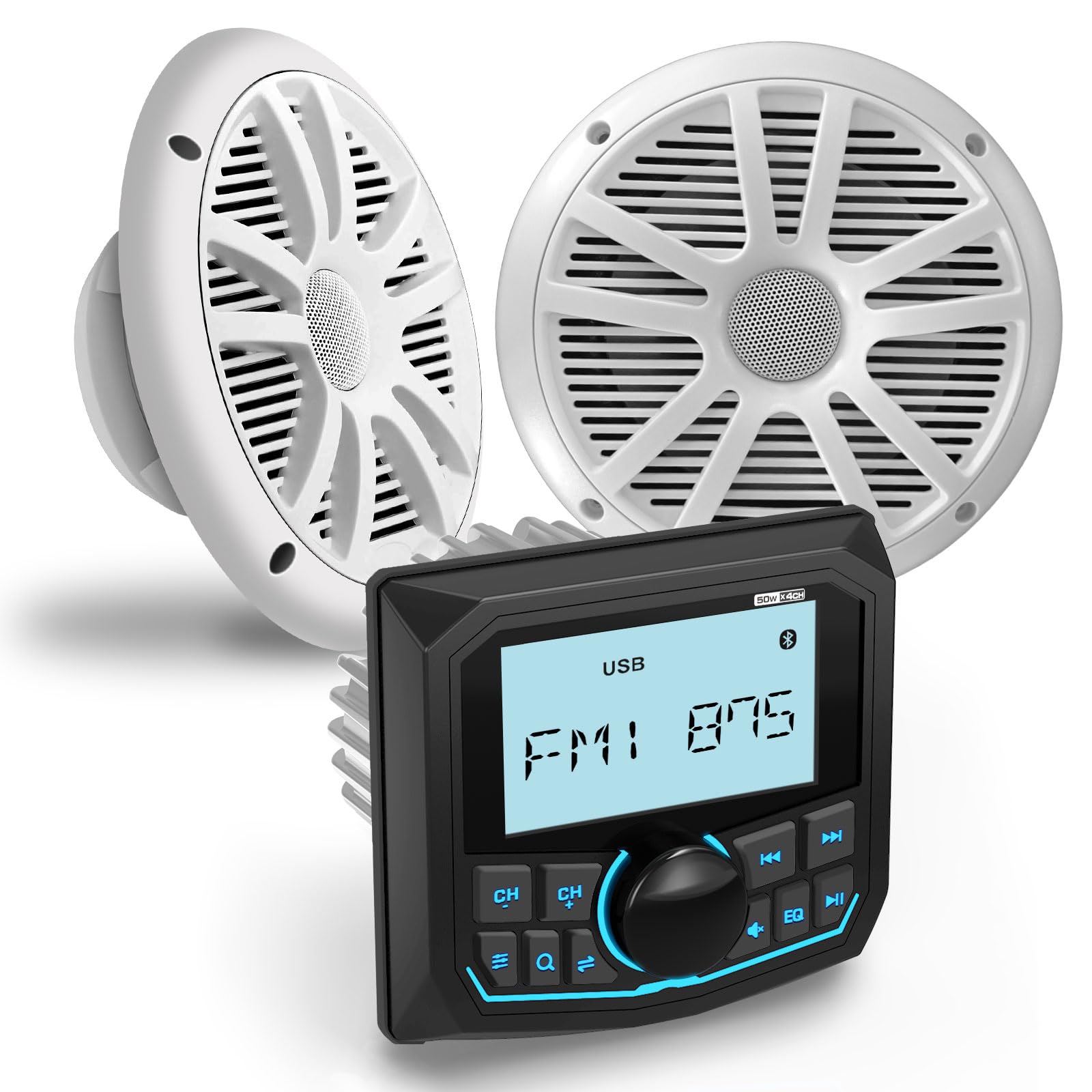 Marine Stereo 16,5 cm Lautsprecher Paket: wasserdichter Bluetooth-Boots-Messgerät Funkempfänger - LCD-Display AUX USB MP3 Subwoofer AM FM für ATV UTV RZR Golfwagen