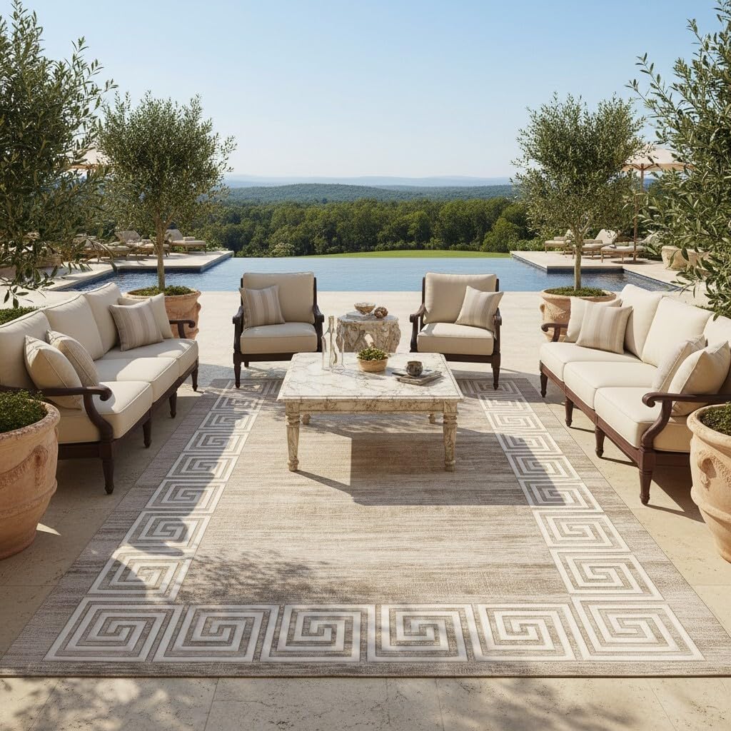 Tan Beige Greek Key Frame Border 2x3 Distressed Rough Thin Waterproof Outdoor Rugs for Patios Balcony Deck Porch Pool Garden Backyard Hallway Non Skid Quick Dry Washable Reversible Carpets