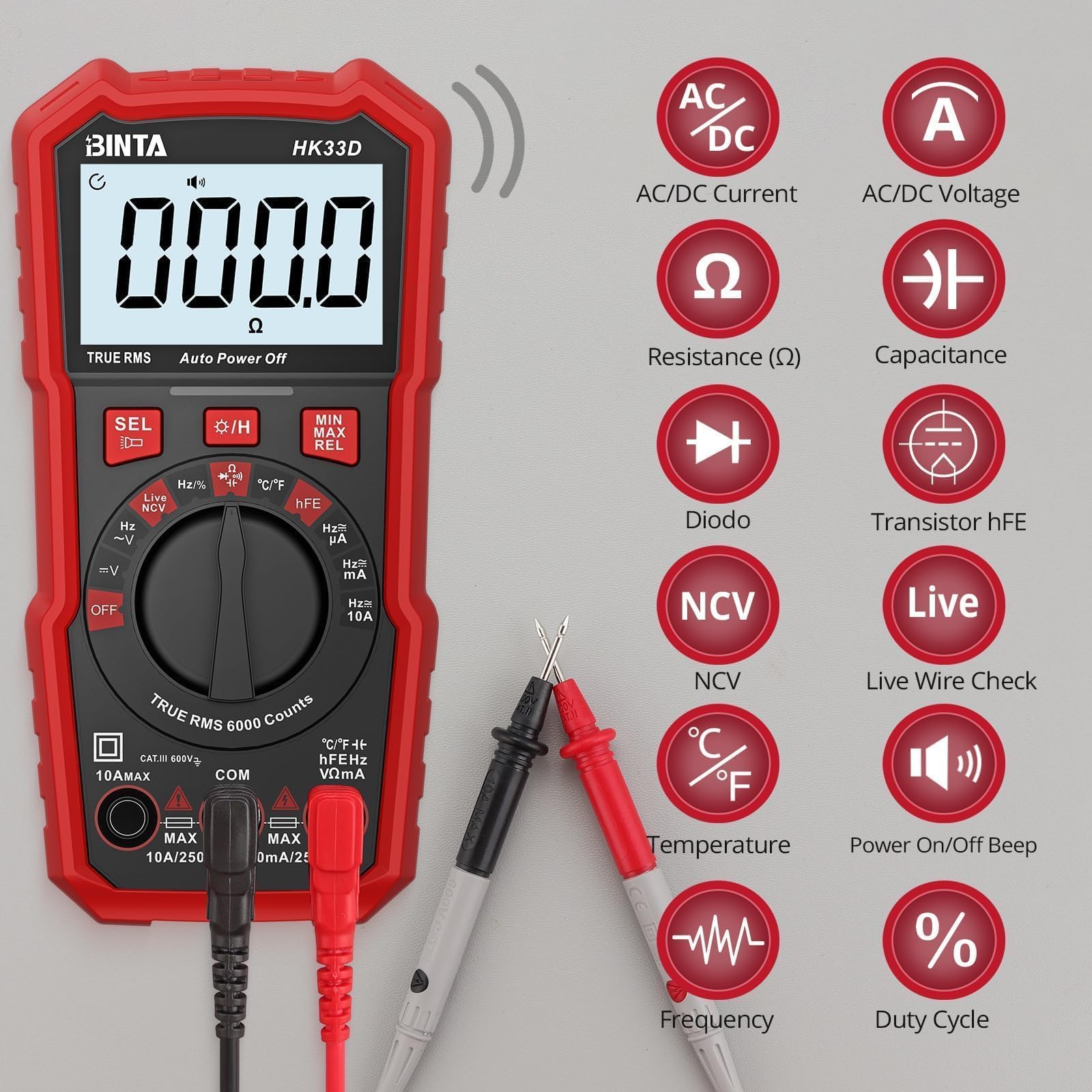 BINTA Multimètre Automatique Numérique 6000 Comptes avec Écran LCD Tension AC/DC, Capacité, Résistance, NCV Live, HFE, Mesure des Transistors, Rapport Cyclique pour Automobile, Maison et Industrie
