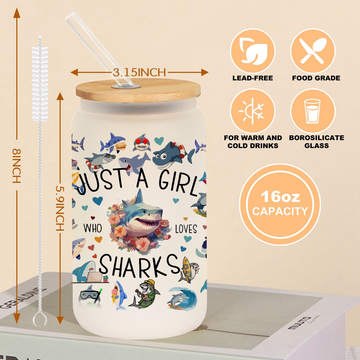 Pfkfo Sharks Cup Gifts for Sharks Lovers, Sharks Gifts for Women, 16oz Glass Cup with Lids Straws, Sharks Lover Gifts, Just A Girl Who Loves Animals, Ideal Sharks Owner Gift for Sisters Friends Women