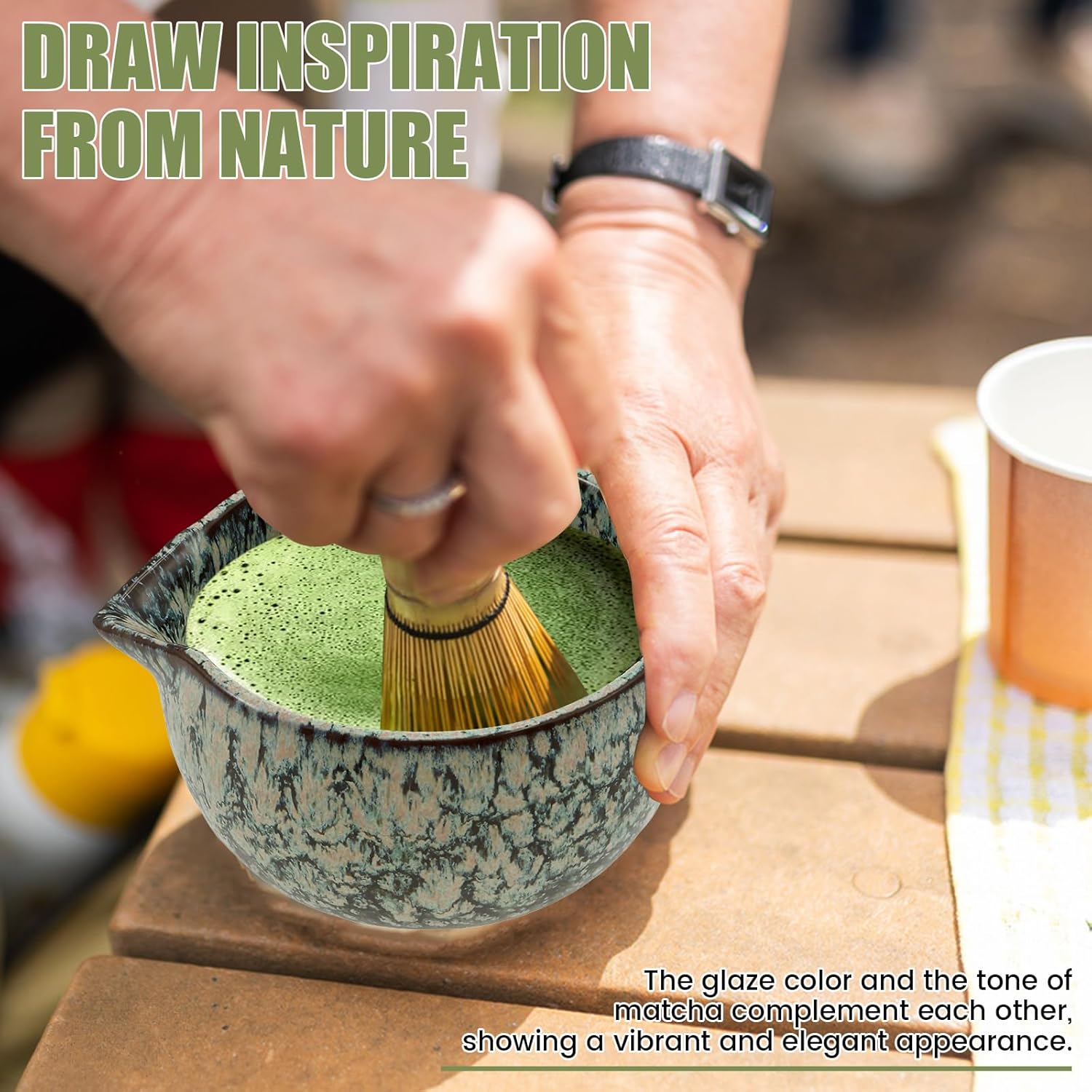 6 Pcs Matcha Whisk Set Elegant Matcha Set Japanese Tea Includes Whisk Holder Ceramic Bowl Stainless Steel Sifter Tea Scoop Wood Spoon for Beginners Home(coffee green)