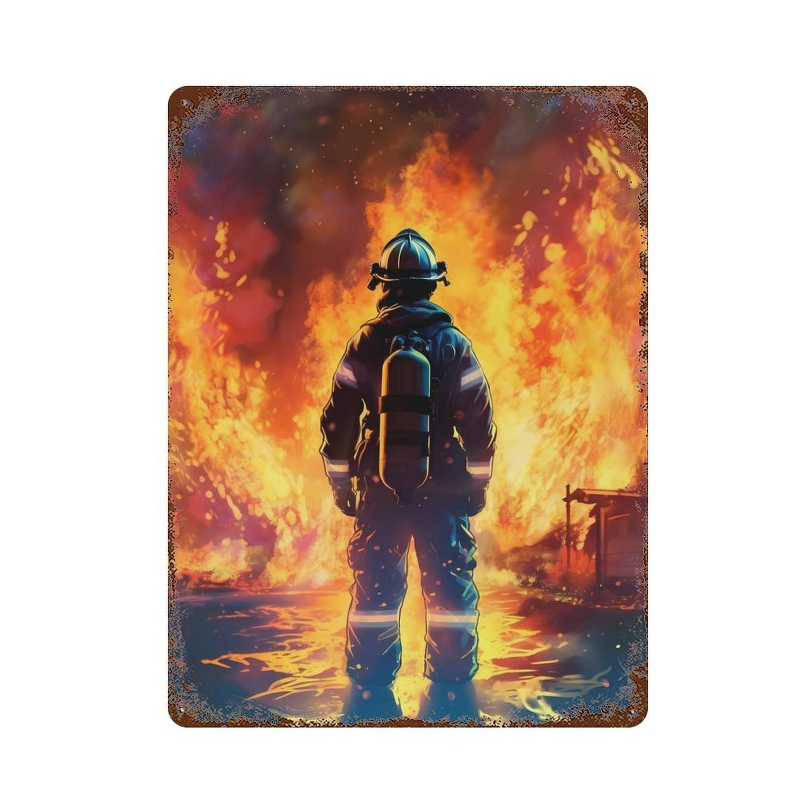 Firefighter Flames Rusty Metal Tin Sign 15.7"x11.8", for Shed, Workshop And Garage Wall Decor, Novelty Wall Decor