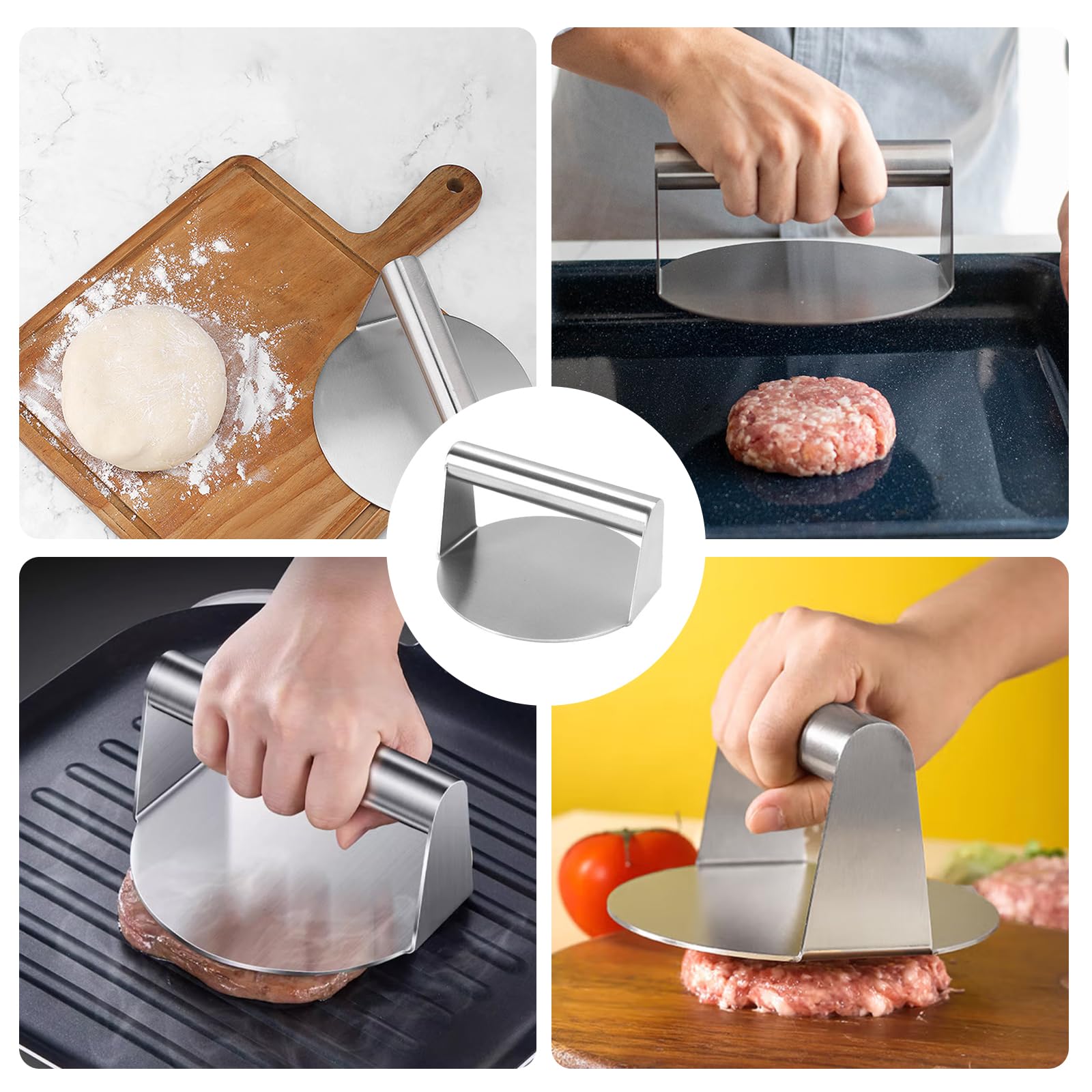 Smash Burgerset, professionele set Smash Burgerset van gecertificeerd roestvrij staal, incl. Smasher-pattizerpers, gietkoepel, hamburgerpers, spatel, oliespatel, eierring, e-book, recepten
