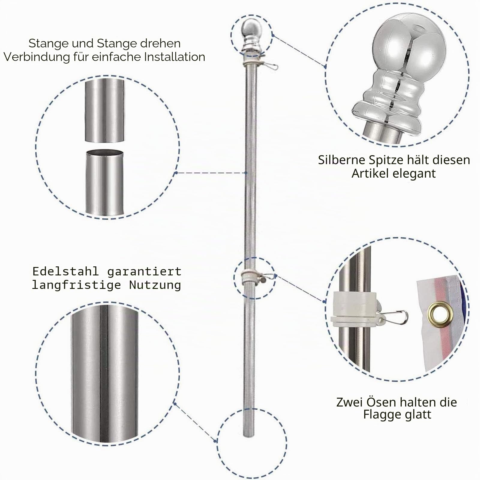 HORSE SECRET Fahnenmast aus Aluminium mit 150cm Fahnenmasthalter aus Edelstahl, Edelstahl Fahnenstange kit mit Drehbaren Ringen