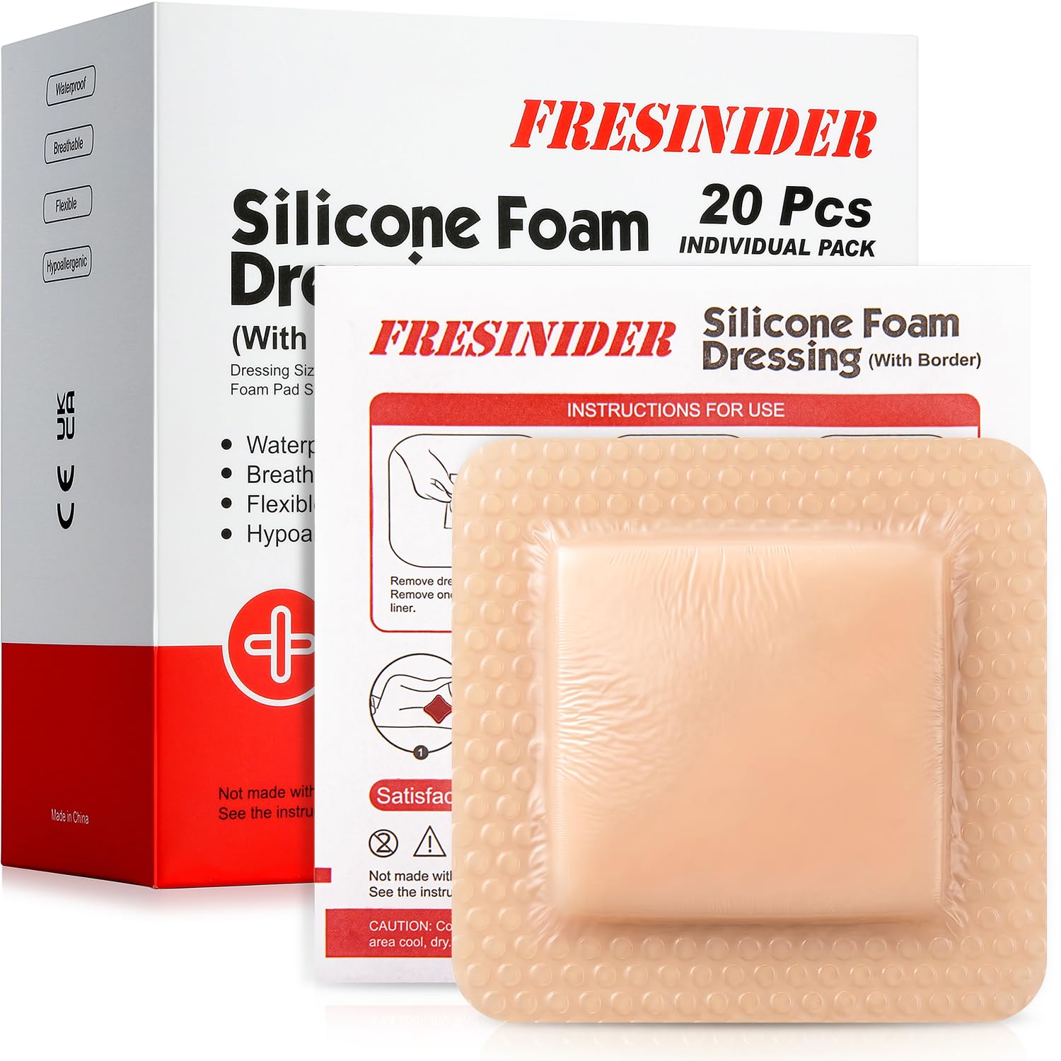 FRESINIDER Silicone Foam Dressing with Adhesive Border – Wound Dressing Bandage – Silicone Foam Pad – Pack of 20 – 4 x 4 Inches Large Waterproof Bandages – Self Adhesive Wound Care and Dressings