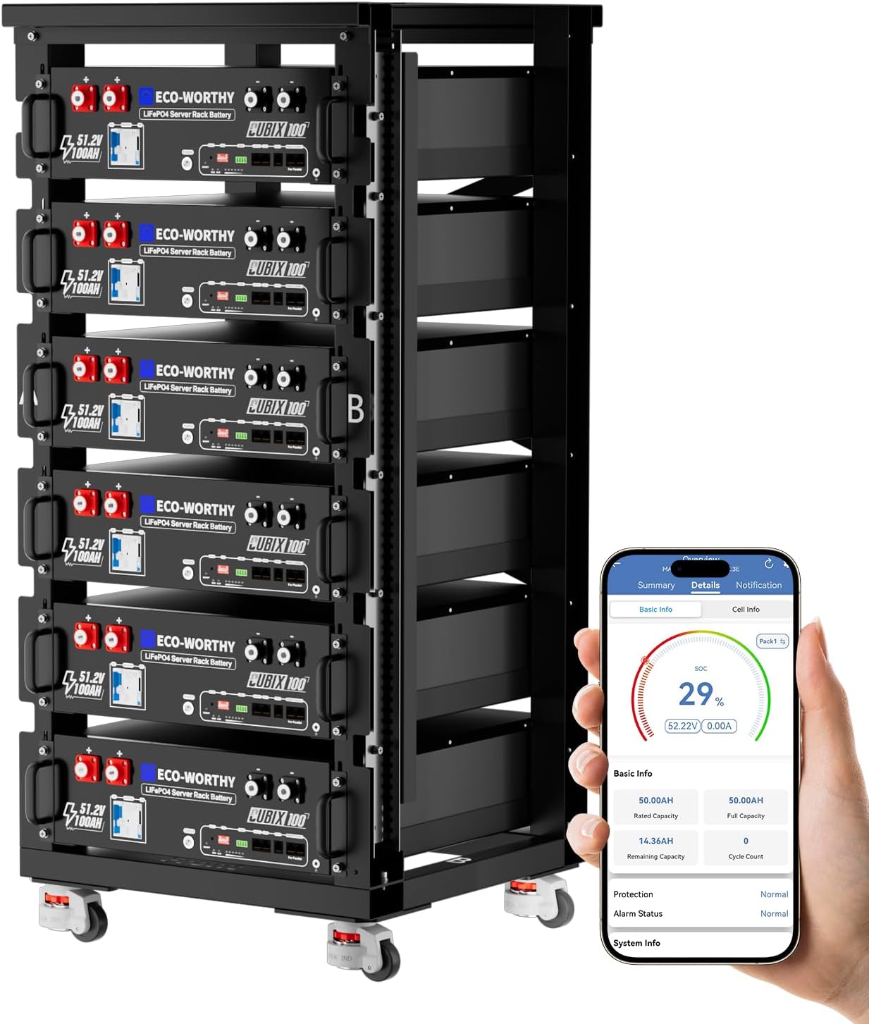 ECO-Worthy (Cubix 100) 48V 600Ah Server Rack Battery LiFePO4 w/Bluetooth | 6 Pack 30.72kWh Solar Battery Kit for Home Backup | UL1973 & UL9540A & CEC Listed (Get Free 6-Layer Rack with 600A Busbar)