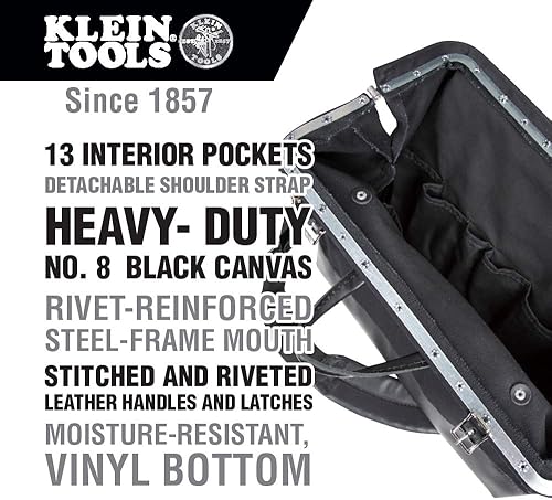 Miniatura 3 de Klein Tools 510218SPBLK - Bolsa de herramientas grande de 18 pulgadas, bolsa de herramientas de lona de lujo y organizador, color negro y bolsa con