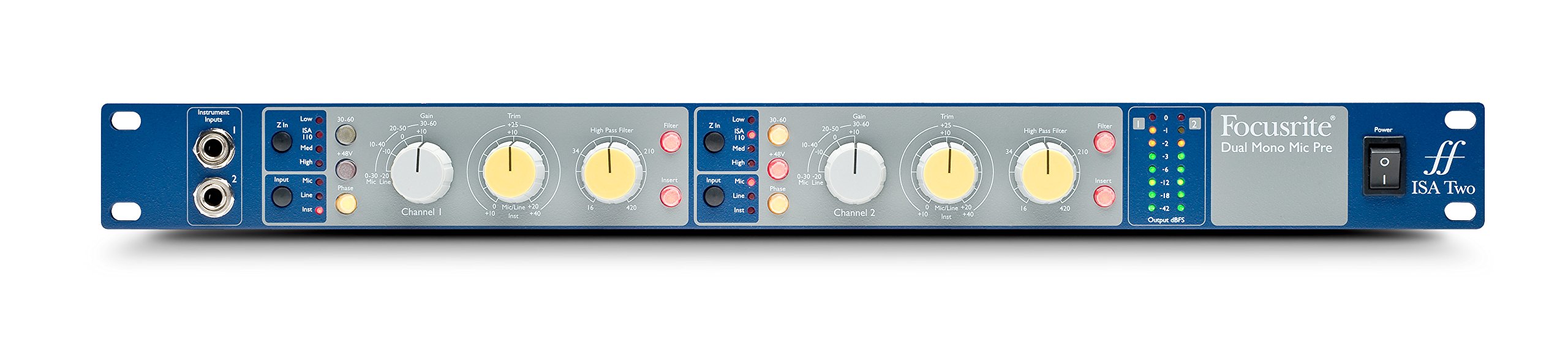 Focusrite ISA Two Classic rackmount dual mono mic preamp with variable impedance selector and high-pass filter per channel