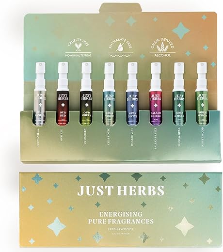 Just Herbs EDP Perfumes Trial Set of 8 x 3ml Long Lasting Pocket Perfume Fragrances for Men and Women (Fresh & Woody)