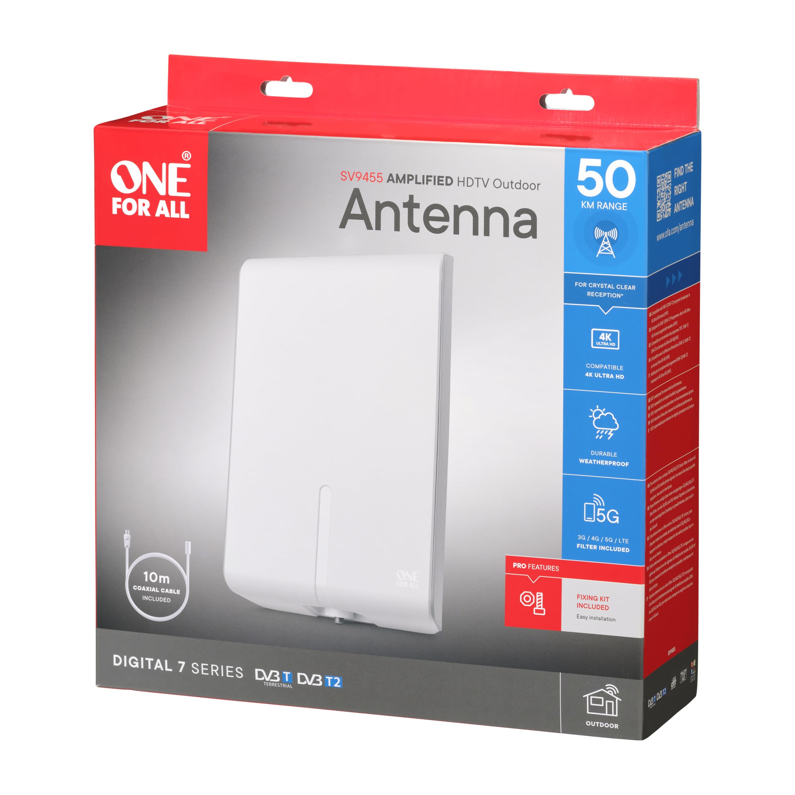 Sconosciuto One for All - Filtro a blocco 3G/4G/5G - Antenna esterna DVB-T2 - TV digitale 4K Ultra HD - Tecnologia Signal Clear - 0-50 km - Bianco - SV9455-5G